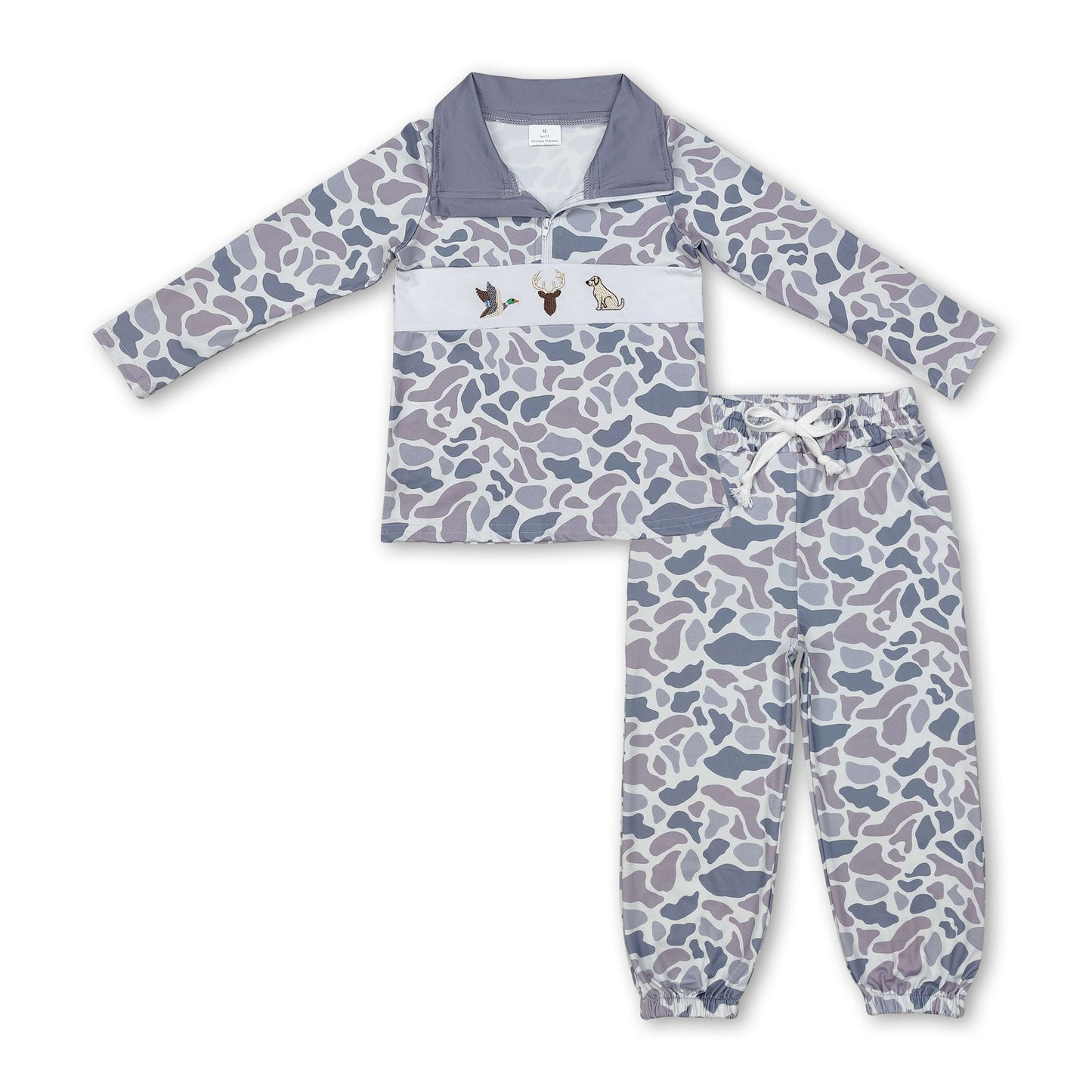 Enten Reh Hund Stickerei grau Camo Pullover Jungen Outfits