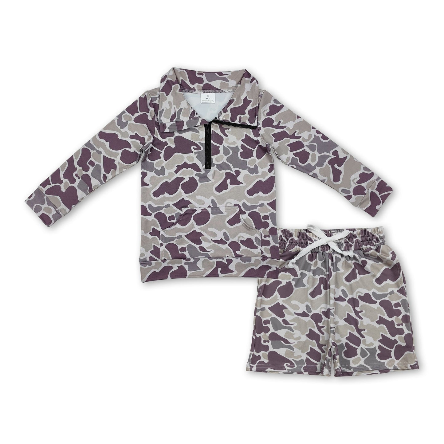 Camo-Taschen-Reißverschluss-Pullover-Shorts-Set für Kleinkinder