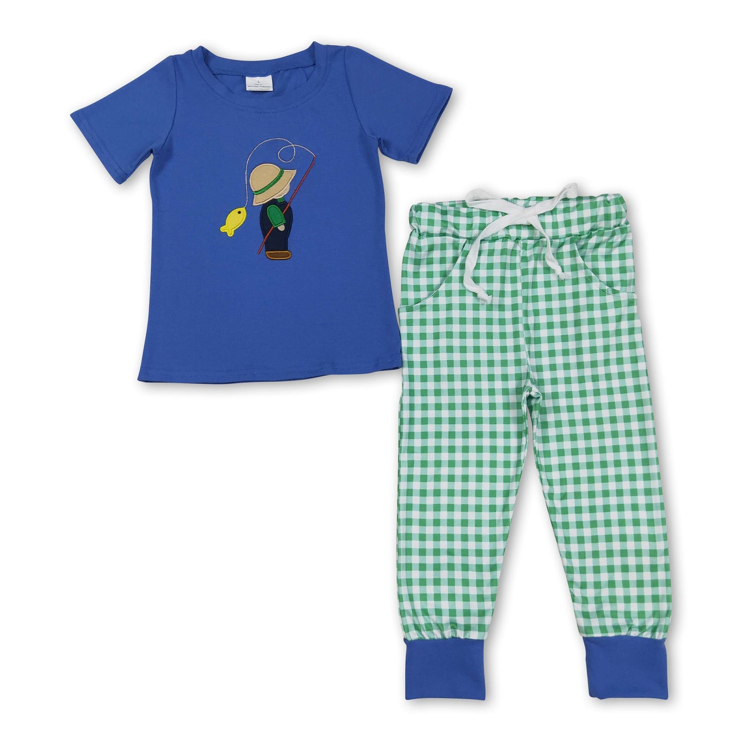 Kurzarm blaues Angel-Oberteil karierte Hose Jungen-Bekleidungsset