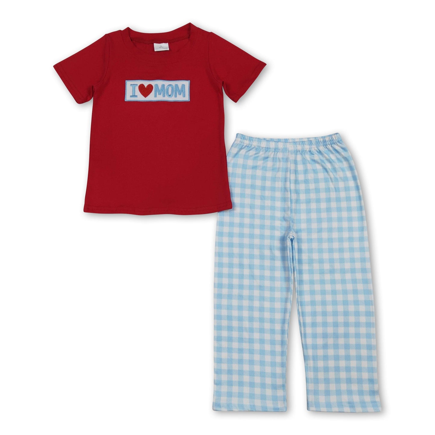 Rotes Baumwoll-Ich-liebe-Mama-Oberteil, karierte Hose, Jungen-Outfits