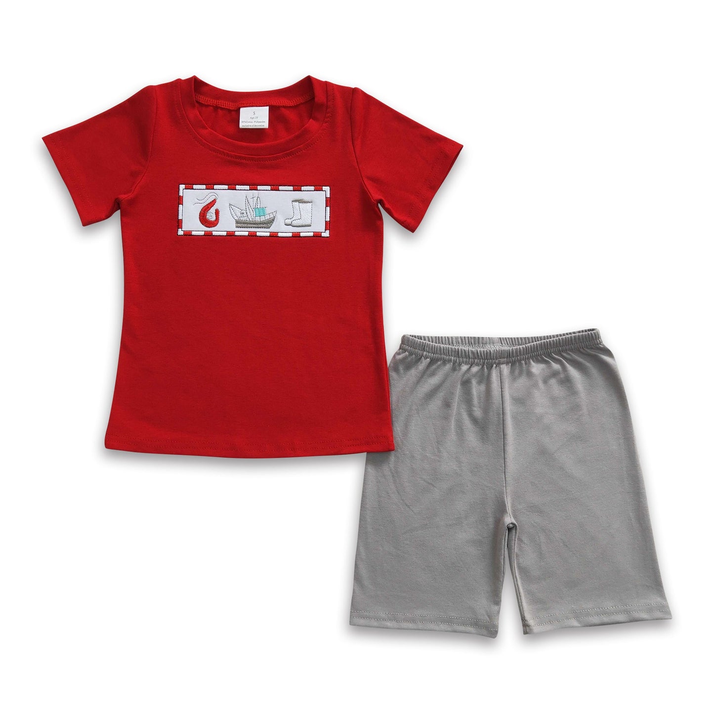 Flusskrebs-Segelboot-Stickerei Hemd Shorts Jungen Sommerkleidung