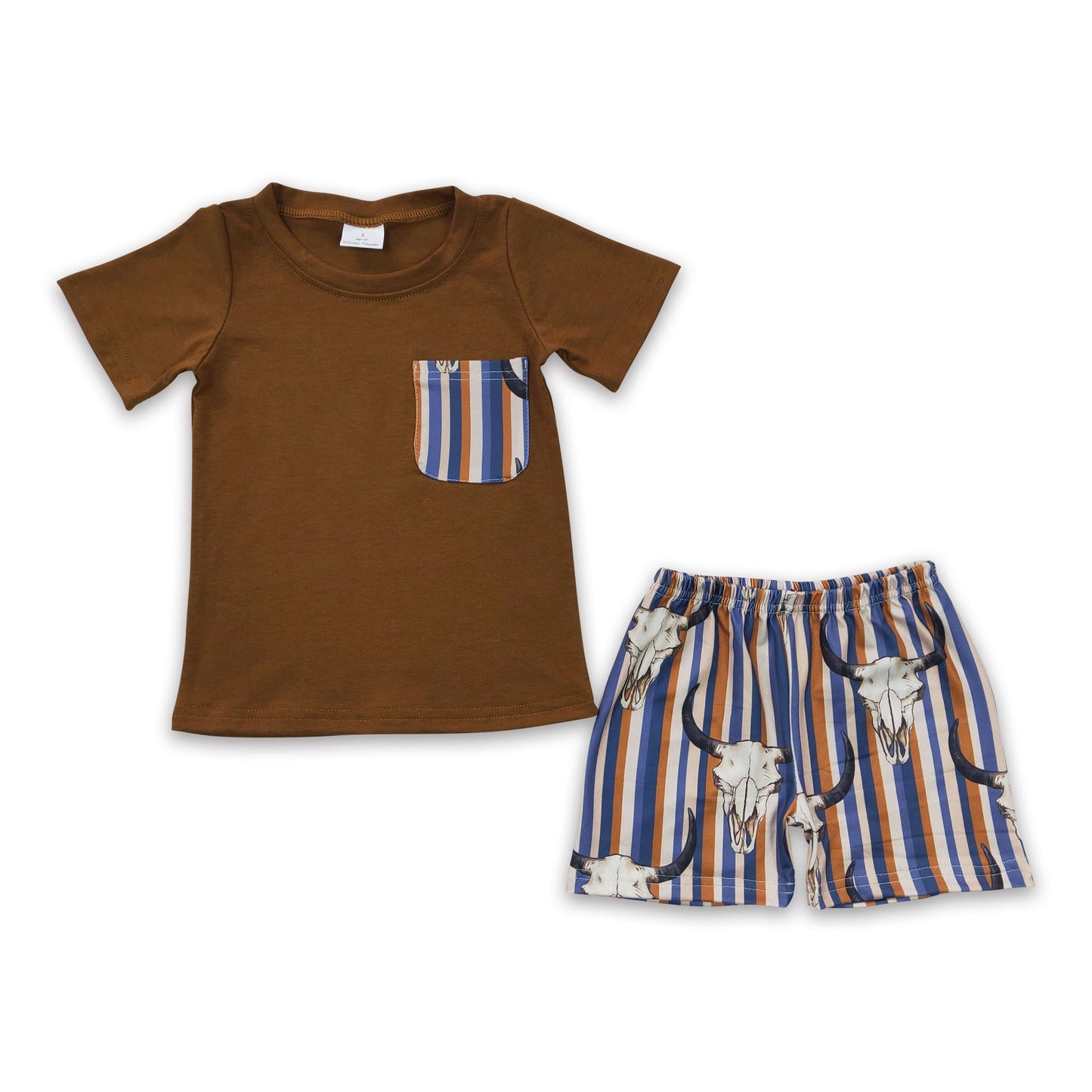 Braunes Baumwoll-Taschenhemd Streifen-Stierschädel-Shorts Jungenkleidung