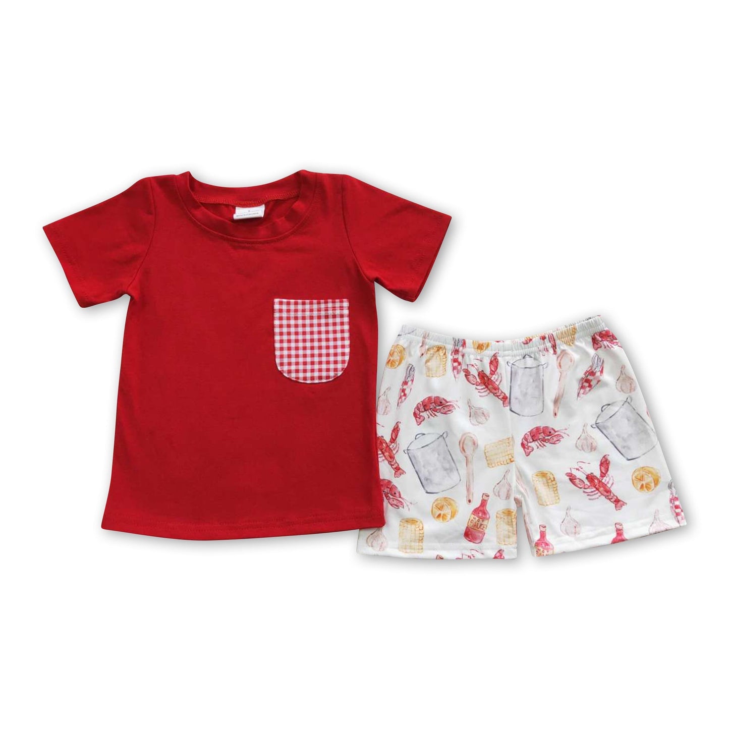 Rotes Hemd im Taschenstil, Flusskrebs, Mais, kurze Hosen, Jungen-Bekleidungsset