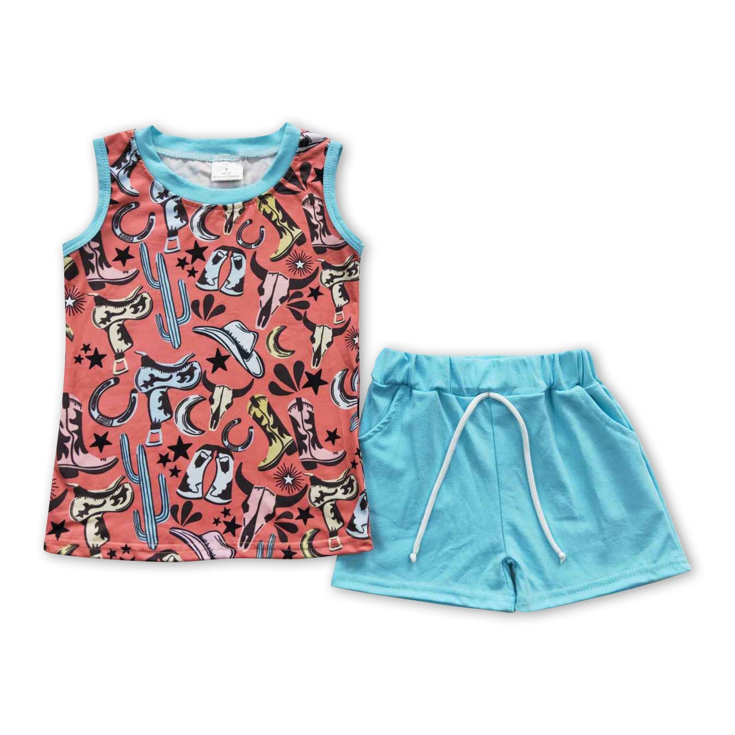 Ärmelloses Stierschädel-Shirt, türkisfarbene Shorts, Jungen-Outfits