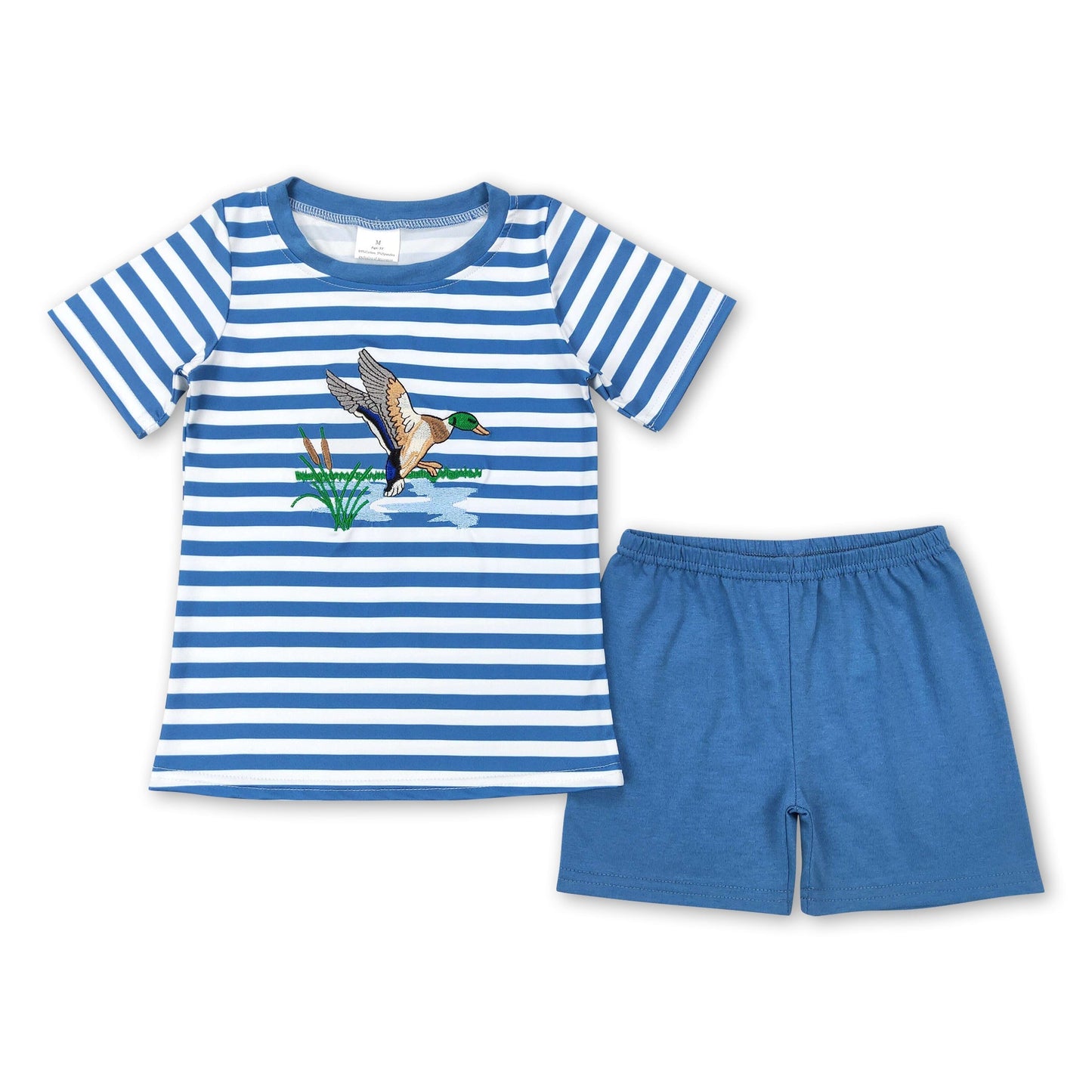 Kurzarm-Shirt hellblau gestreift Ente Shorts Jungen Sommer-Outfits