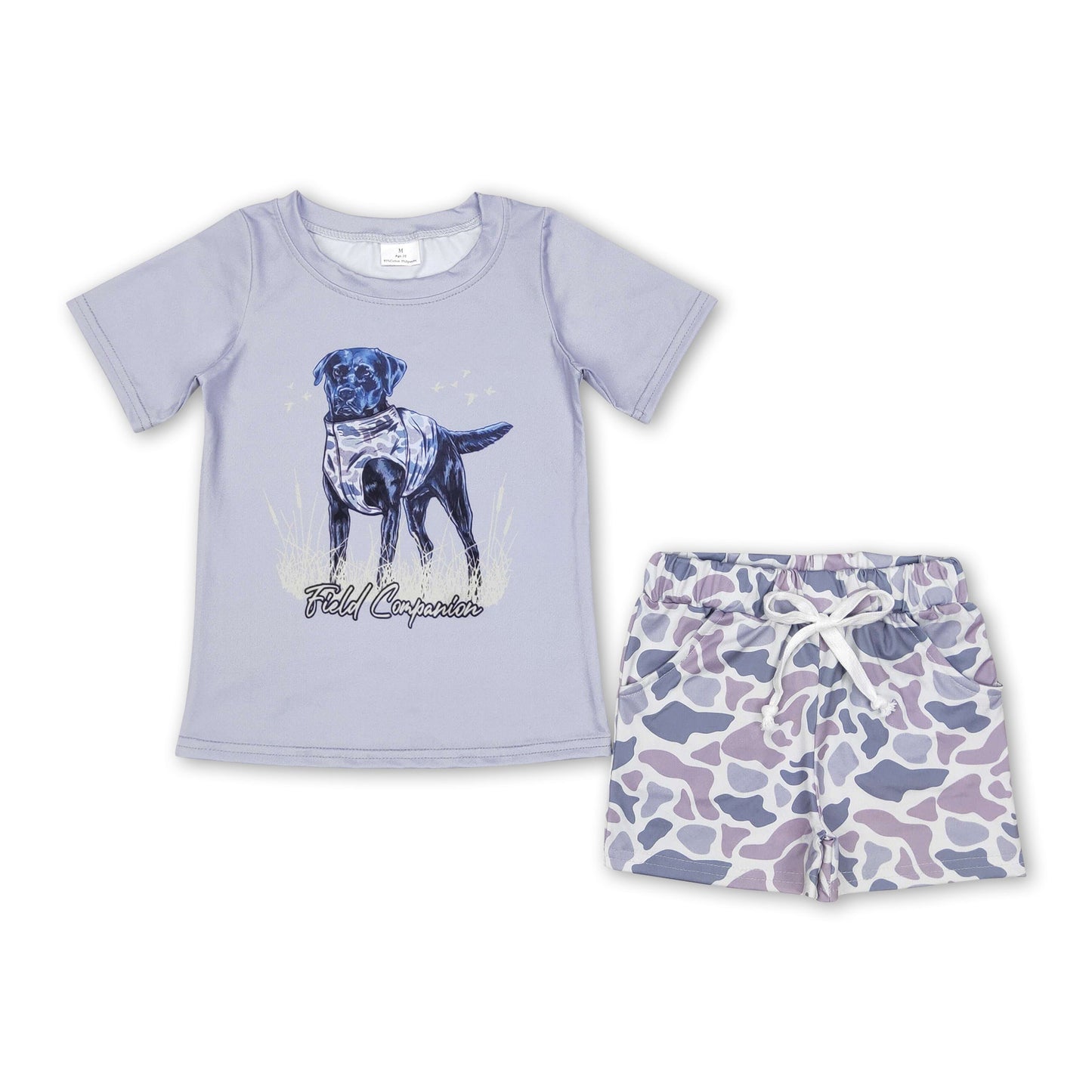 Graues Hunde-Shirt, Camo-Shorts, Kinder-Jungen-Outfits