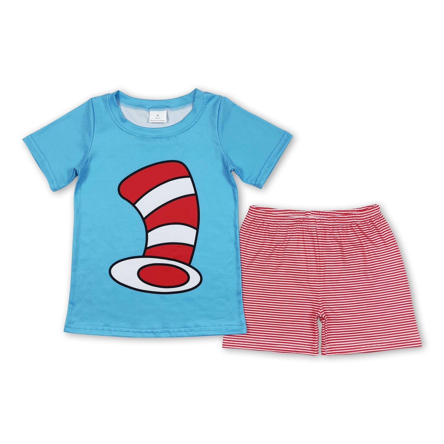 Blaue Katze Hut Shirt gestreifte Shorts Jungen Outfits