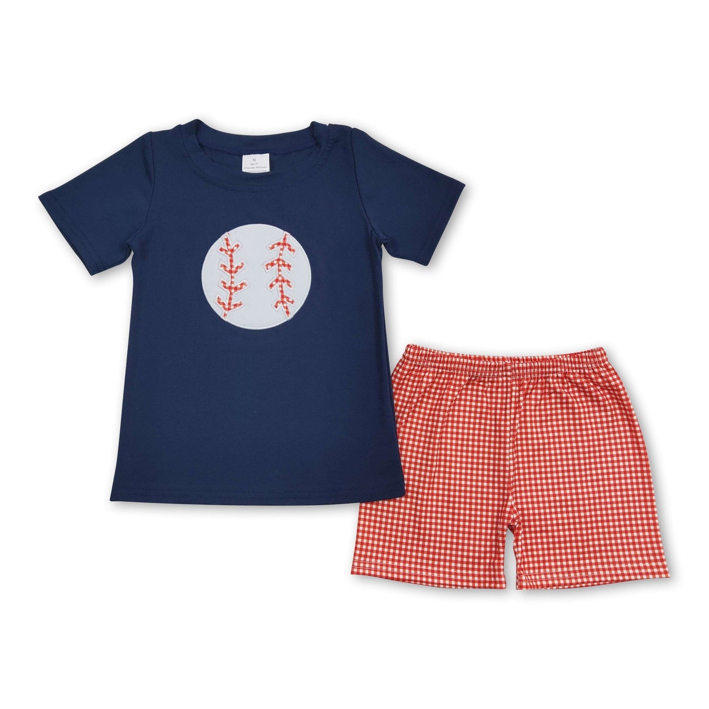 Marineblaues Baseball-Oberteil, karierte Shorts, Kinder Outfits für Jungen
