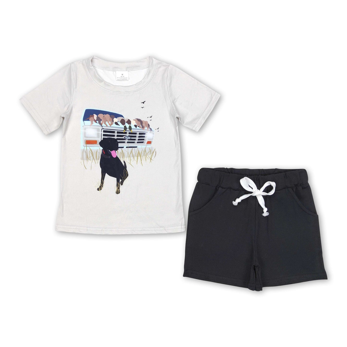 Kurzarm-Enten-Hund-Top, schwarze Shorts, Jungenkleidung