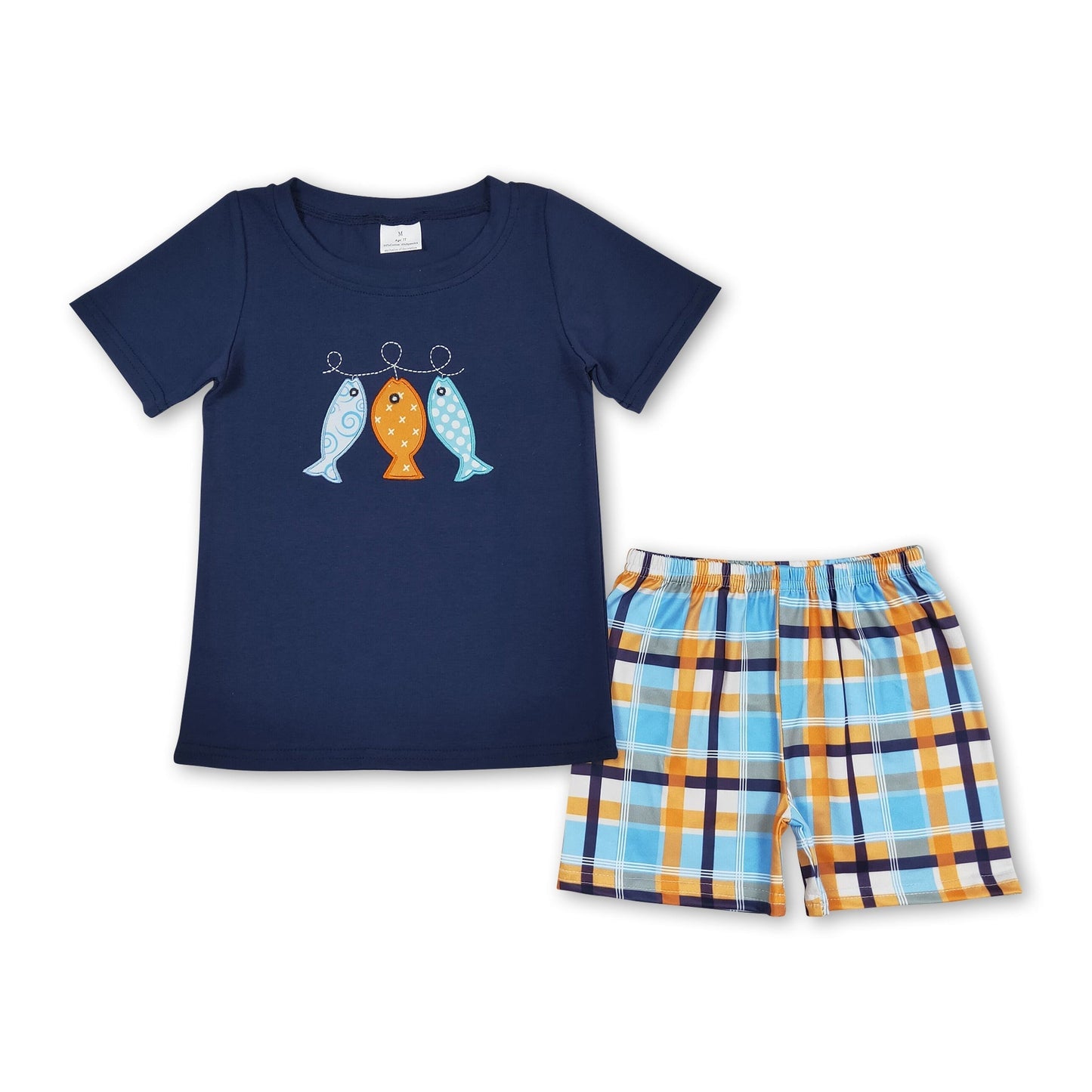 Marineblaue Fisch-Oberteil karierte Shorts Jungen Sommerkleidung