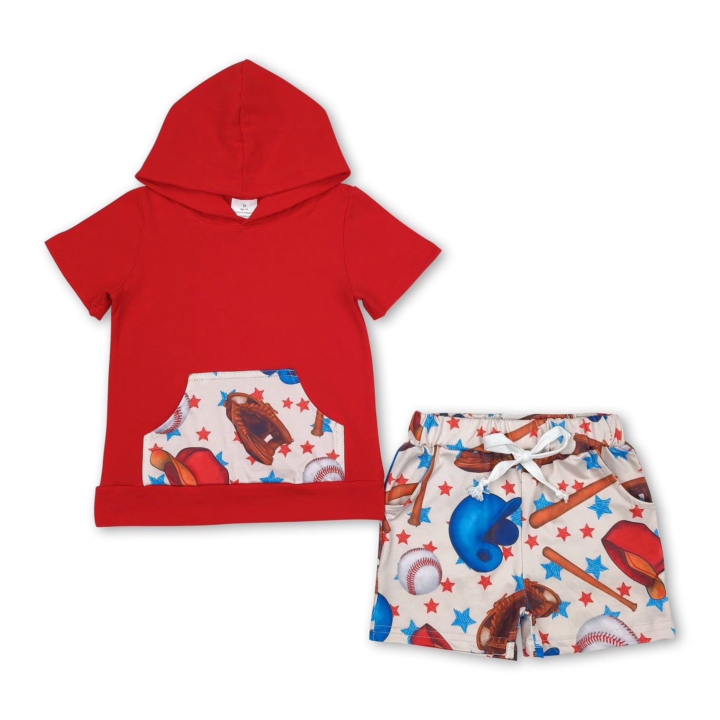 Kurzärmeliger roter Kapuzenpulli Baseball-Sterne Shorts Jungenkleidung