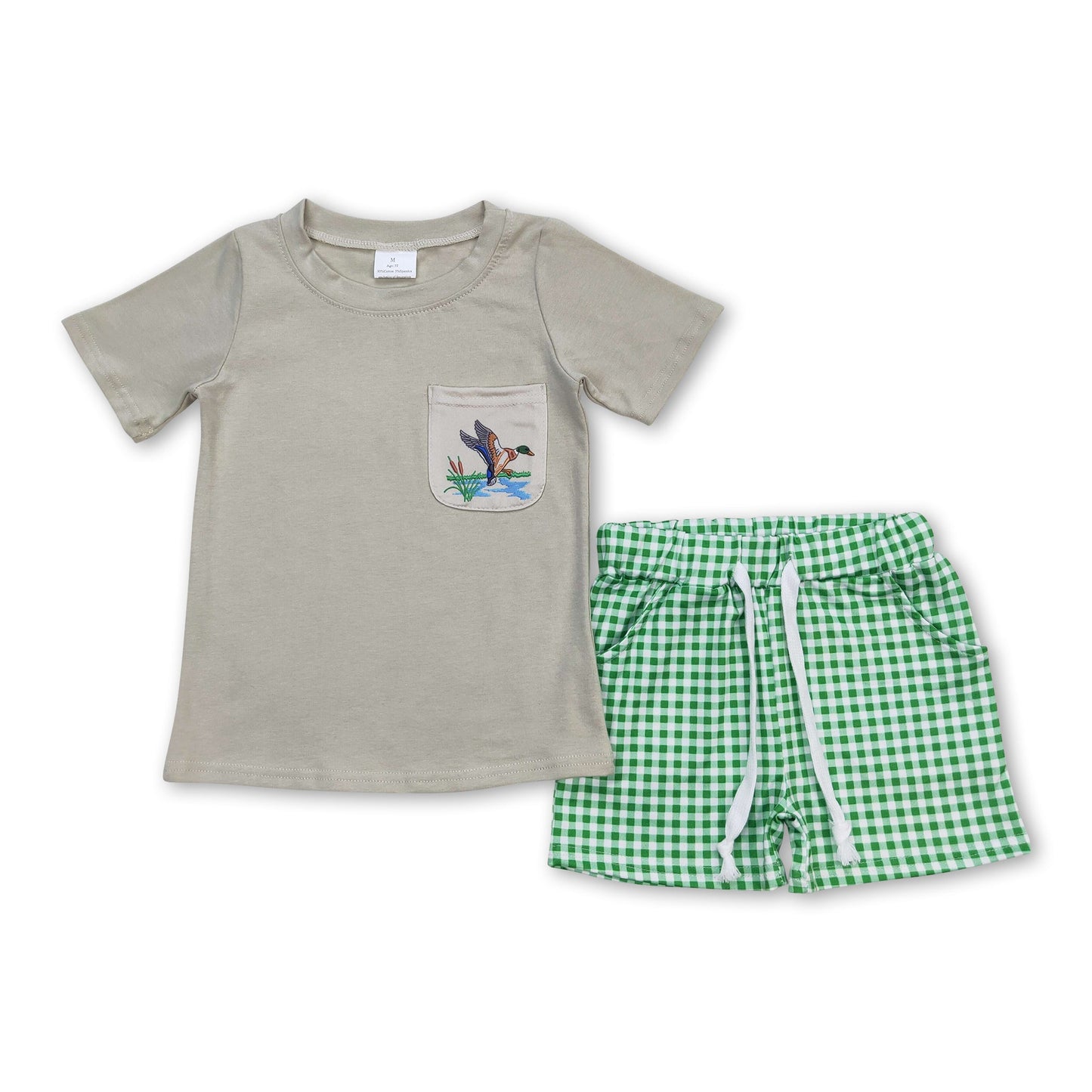 Enten-Taschen-Oberteil, grüne karierte Shorts, Jungenkleidung