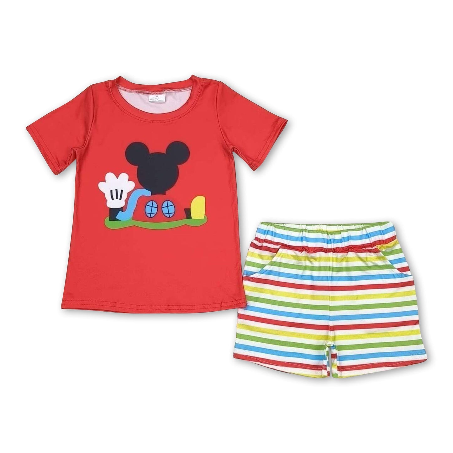 Rotes Maus-Top bunte Streifen-Shorts Jungen-Sommer-Set