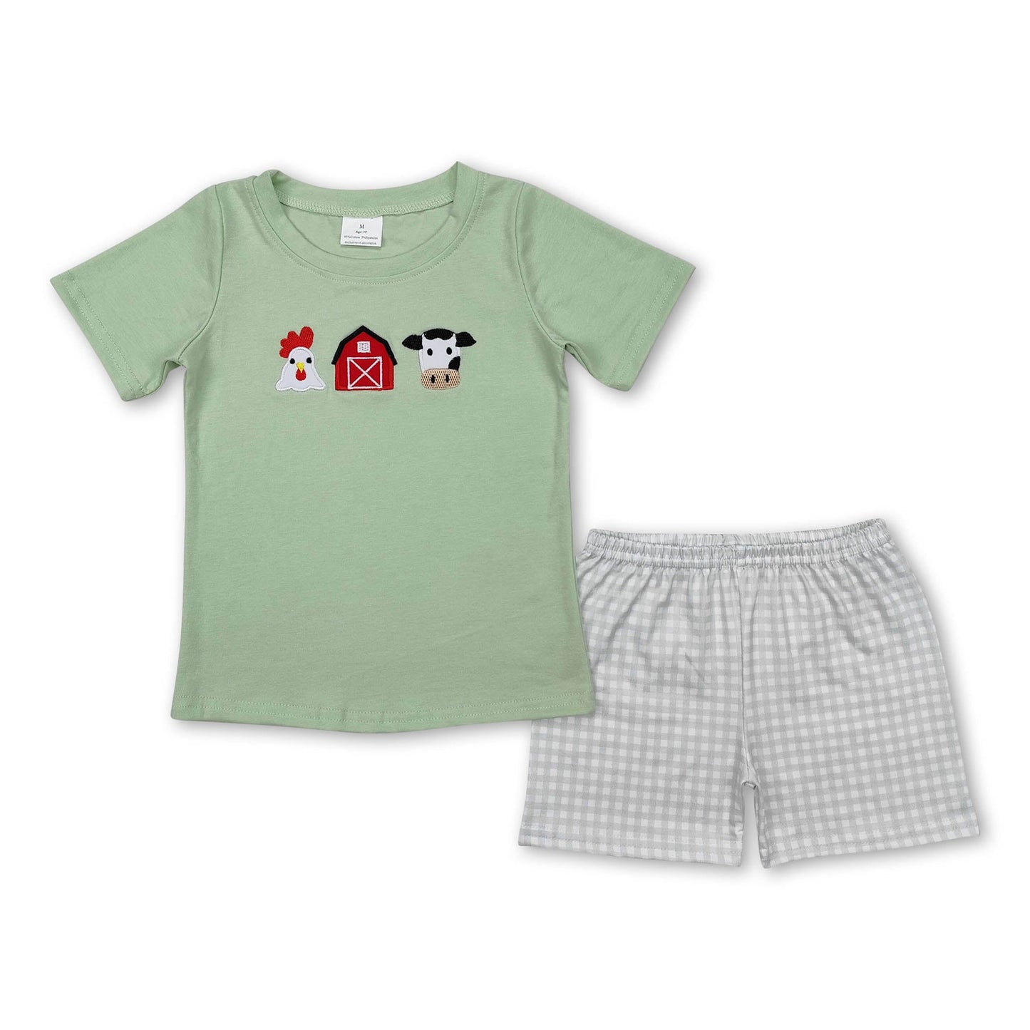Kurzärmliges Hühnchen-Kuh-Oberteil, karierte Shorts, Bauer-Jungen-Kleidung