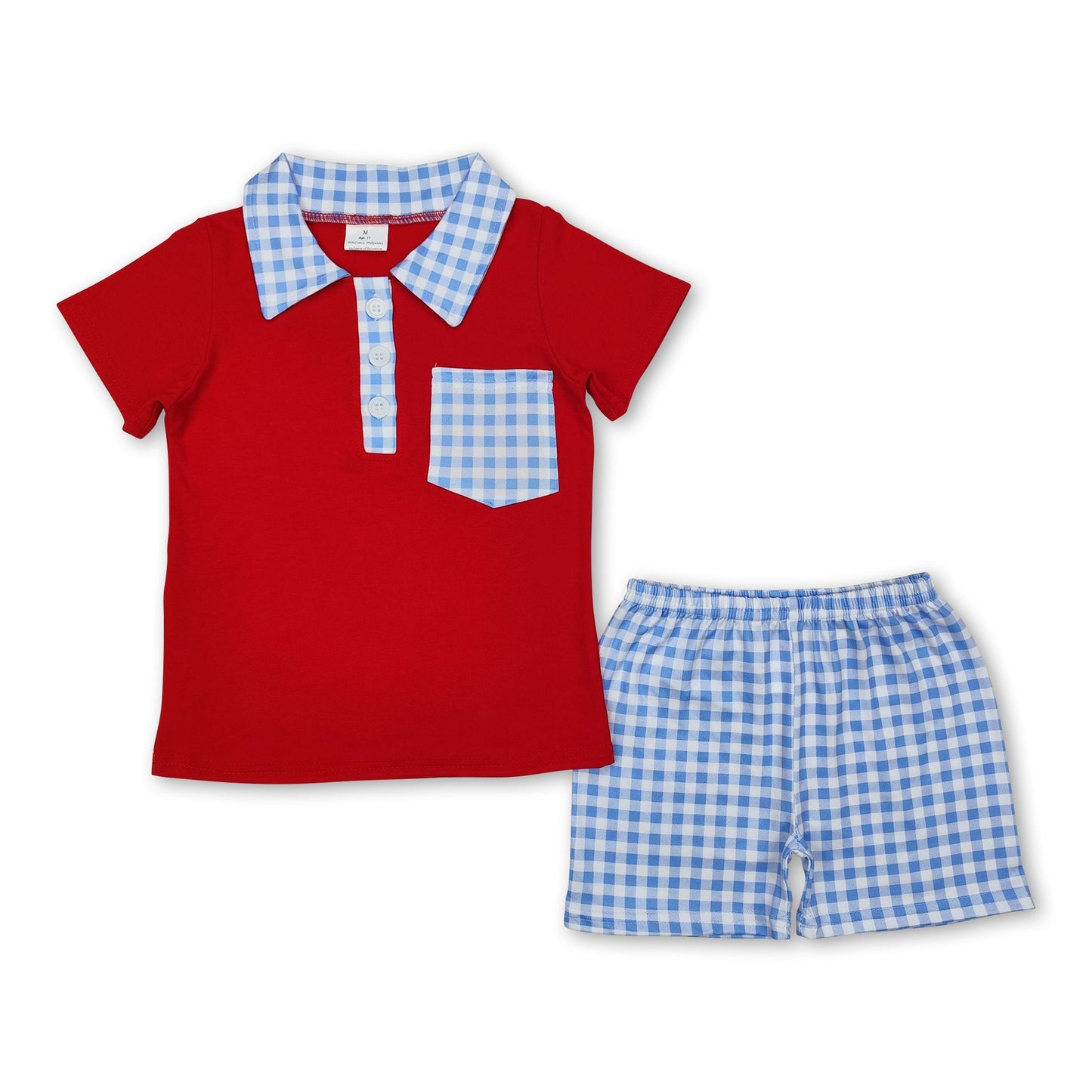 Rotes Kurzarm-Polohemd karierte Shorts Jungenkleidung