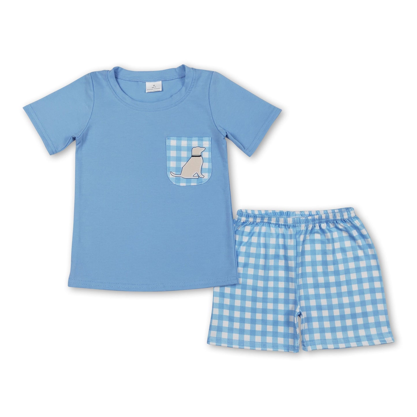 Kurzärmeliges hellblaues Oberteil mit Hundetasche, karierte Shorts, Jungenkleidung