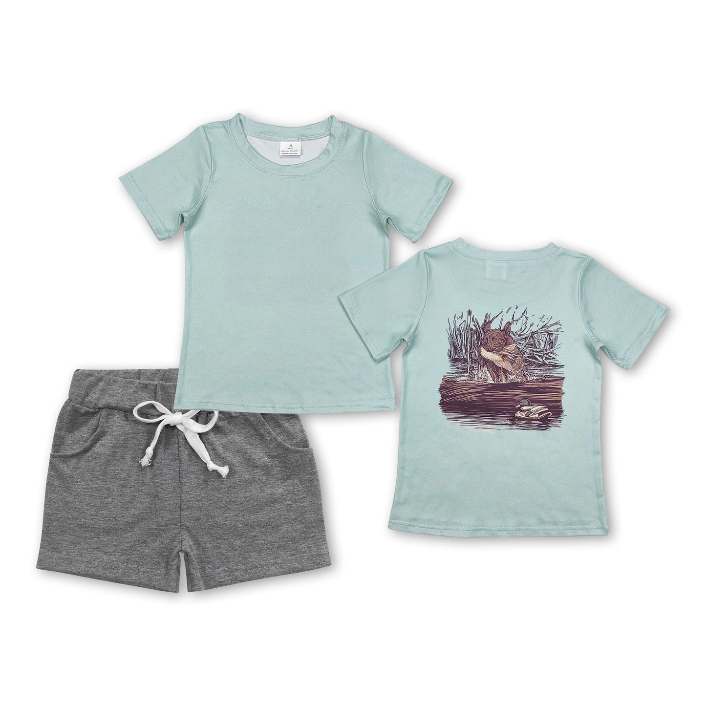 Kurzarm-Hunde-Enten-Oberteil, graue Shorts, Jungenkleidung