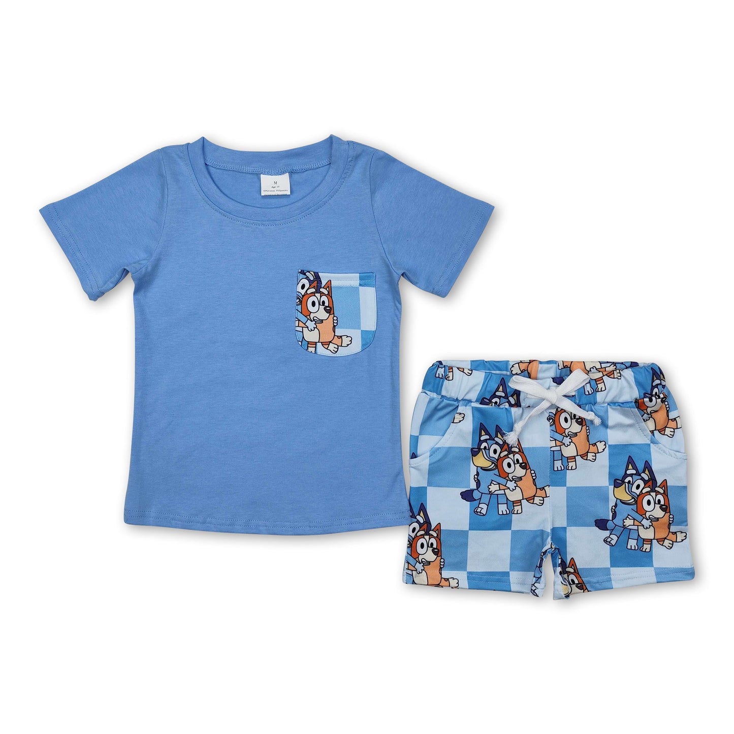 Hellblaues Hunde-Polo-Shirt mit Tasche, Shorts, Sommerkleidung für Jungen