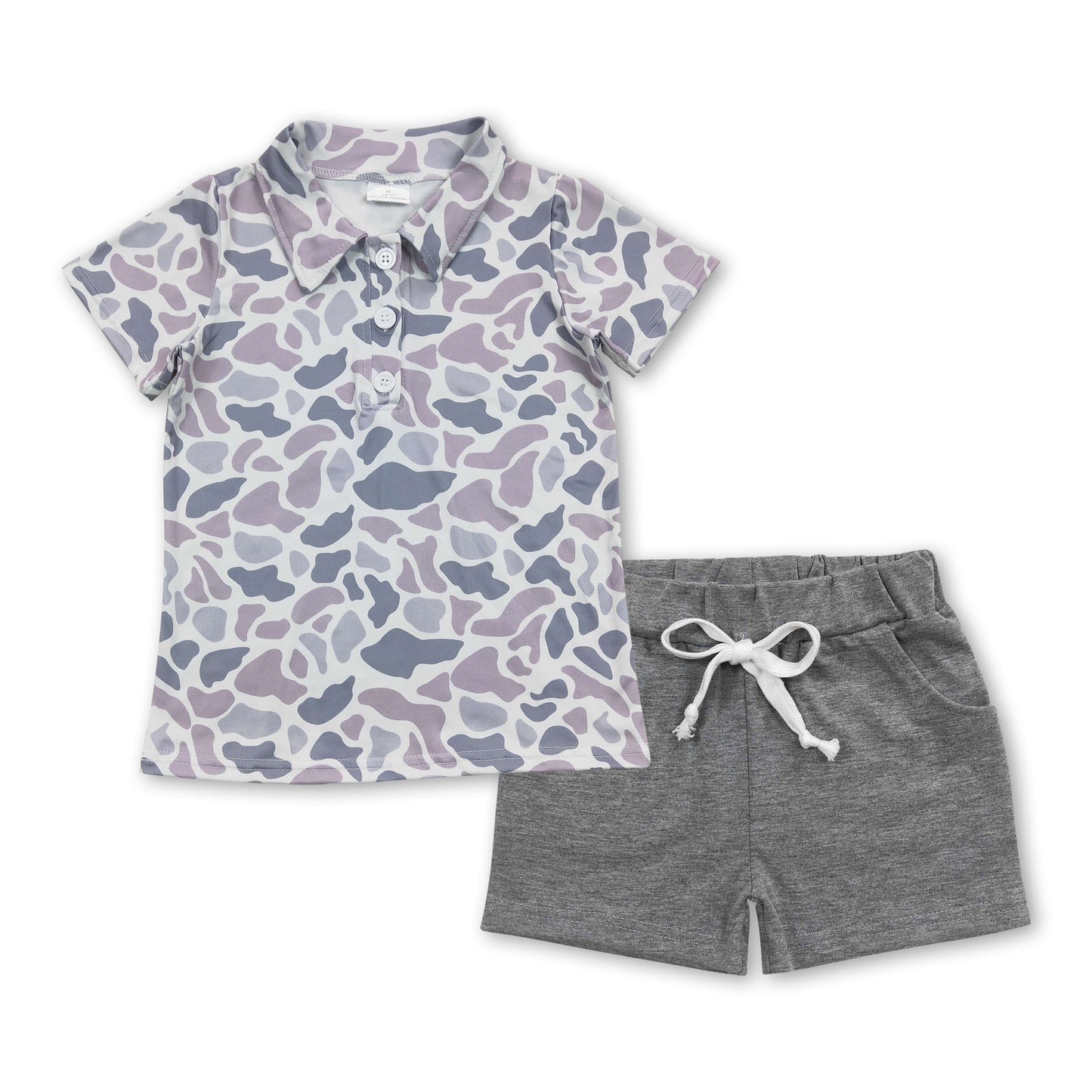 Kurzärmeliges graues Camouflage-Polohemd Baumwollshorts Jungenkleidung