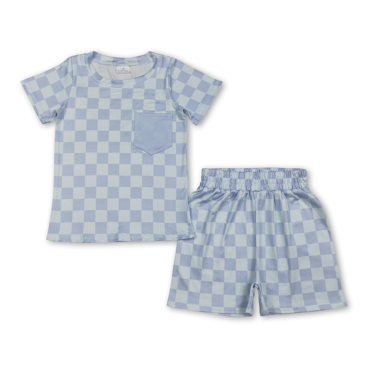 Kurzarm hellblau kariertes Oberteil Shorts Jungen Outfits