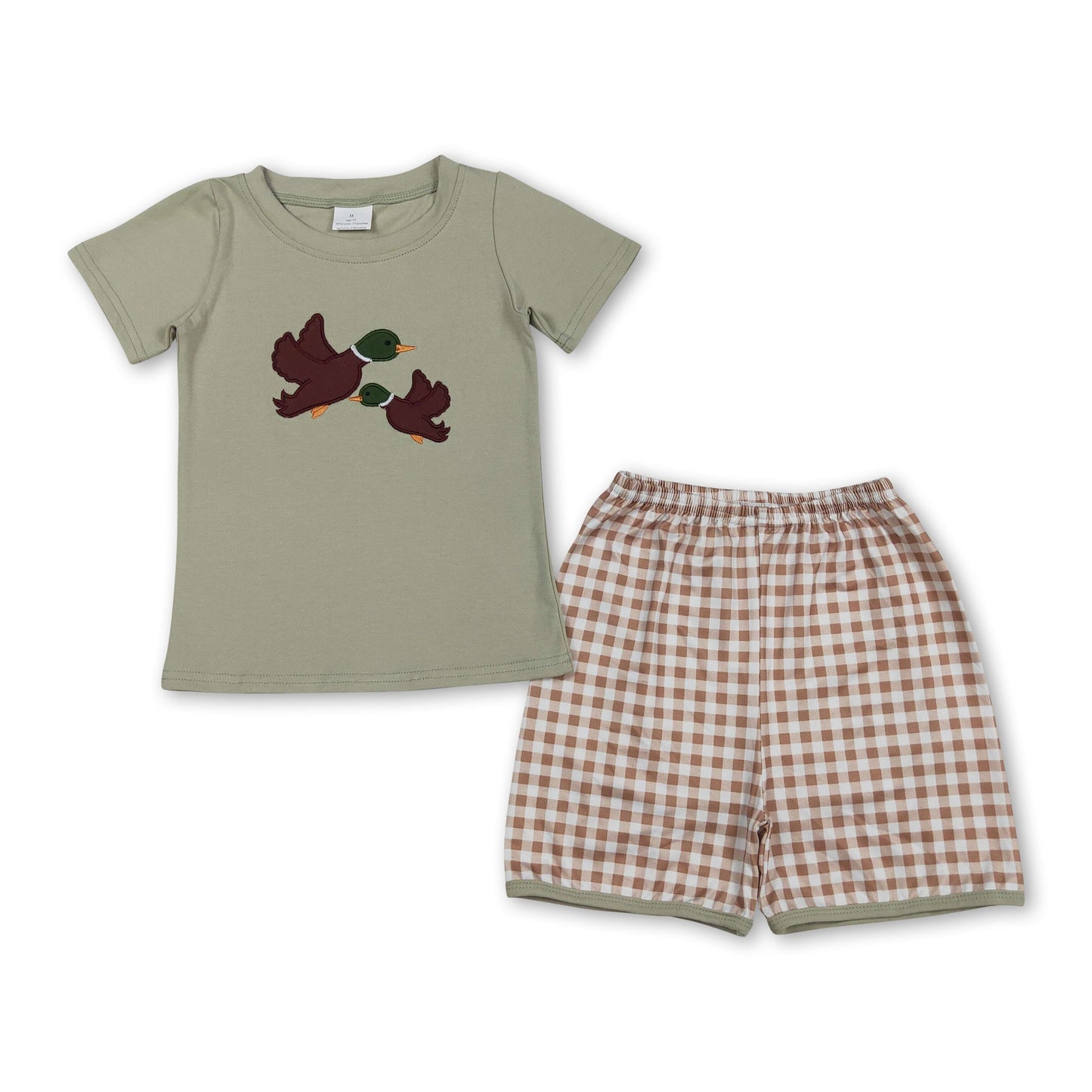 Kurzarm-Oberteil mit Entenstickerei und karierten Shorts für Jungen