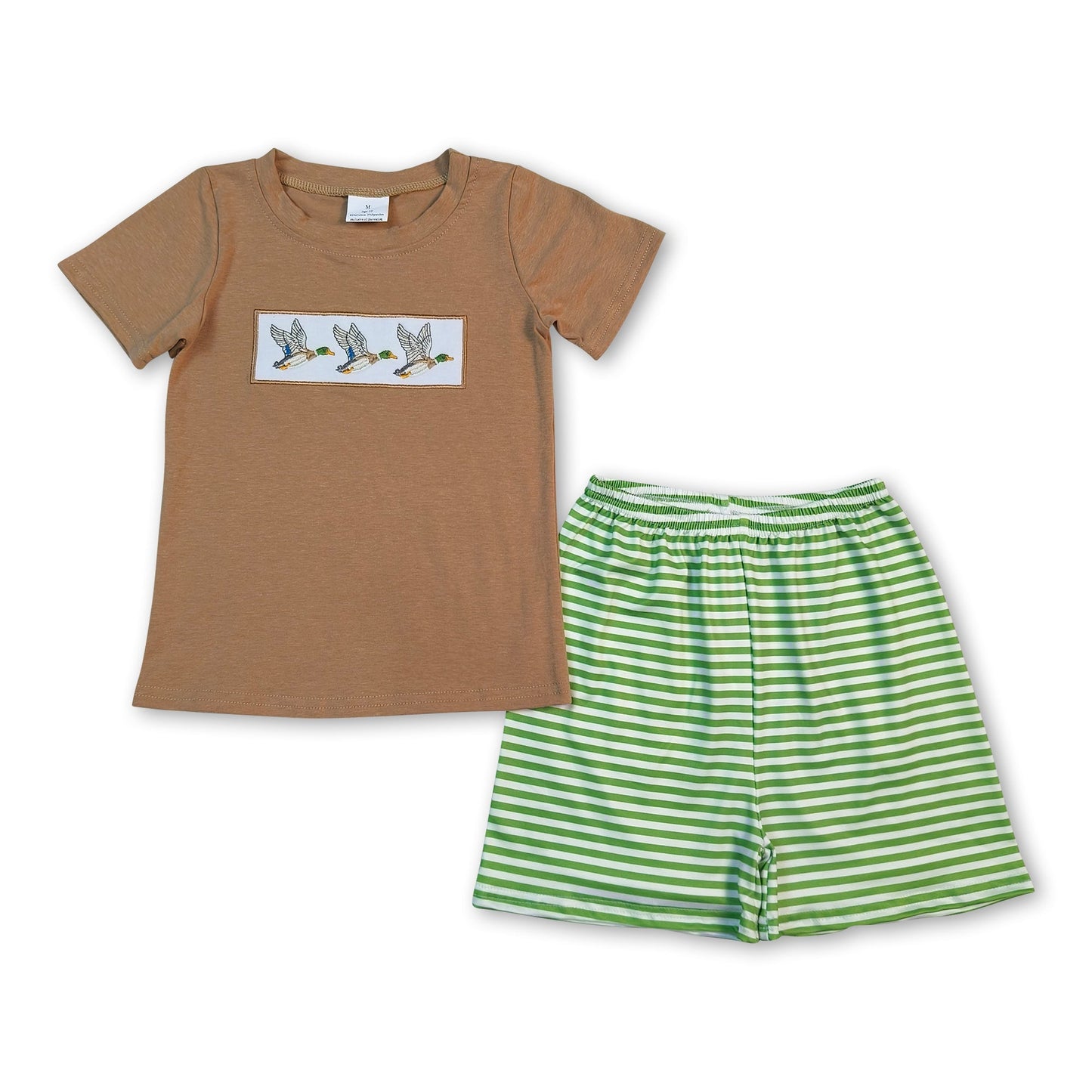 Braune Entenstickerei Oberteil gestreifte Shorts Kinder Jungen Outfits