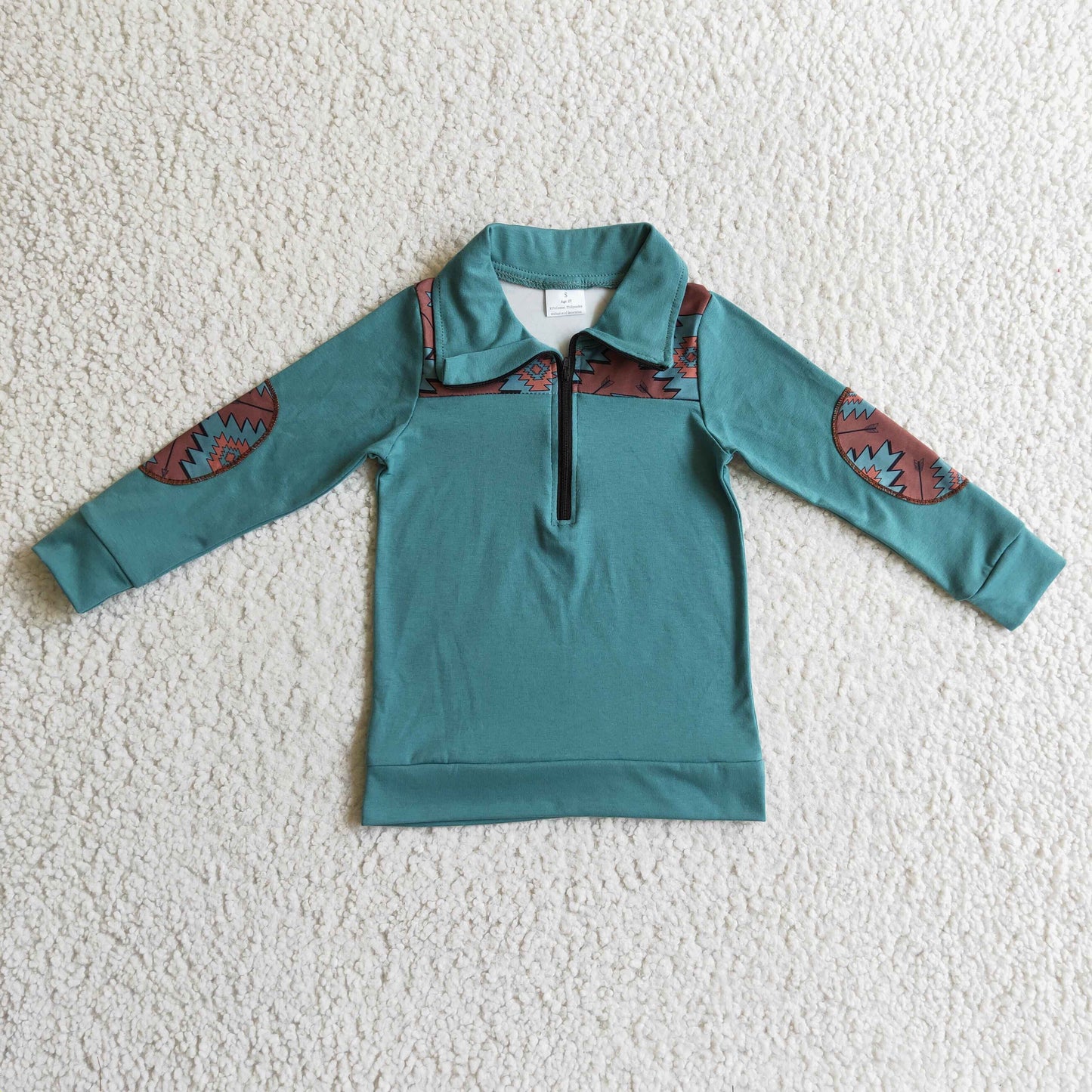 Türkisblauer Azteken-Pullover für Babyjungen mit Reißverschluss im Westernstil