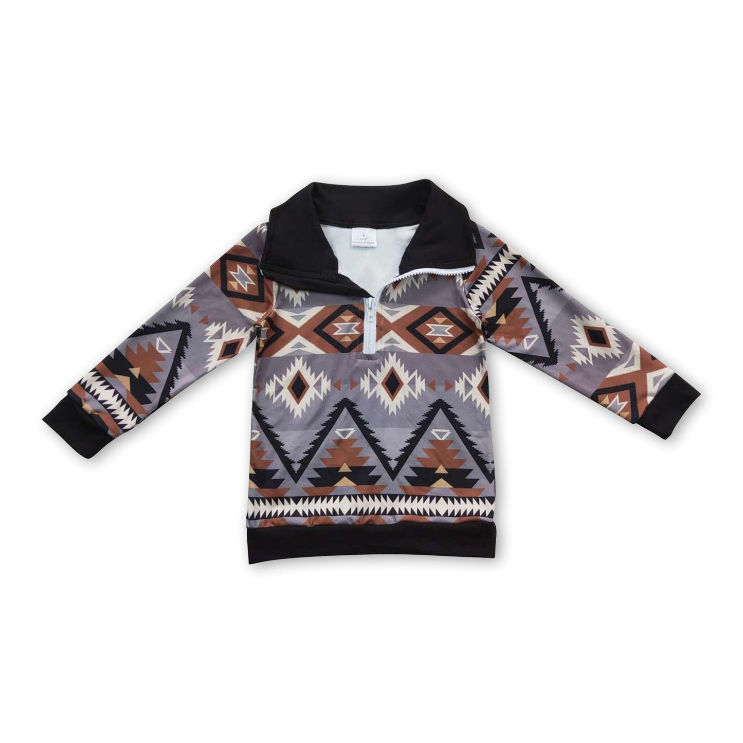 Graubrauner langärmeliger Western-Pullover für Kinder mit Aztekenmuster und Reißverschluss