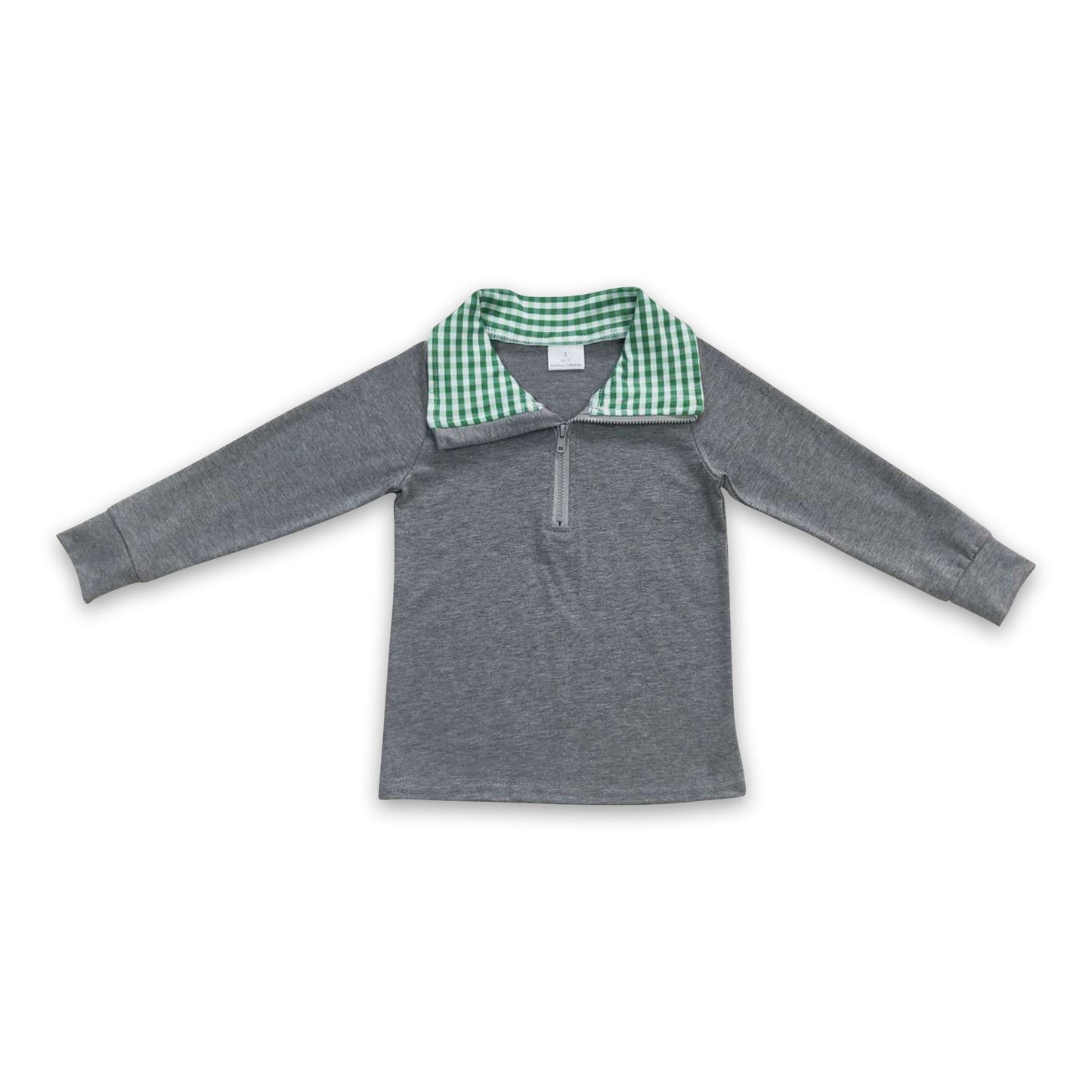 Grauer Baumwollpullover für Kinder mit grünem Schottenkaromuster und Reißverschluss für Weihnachten