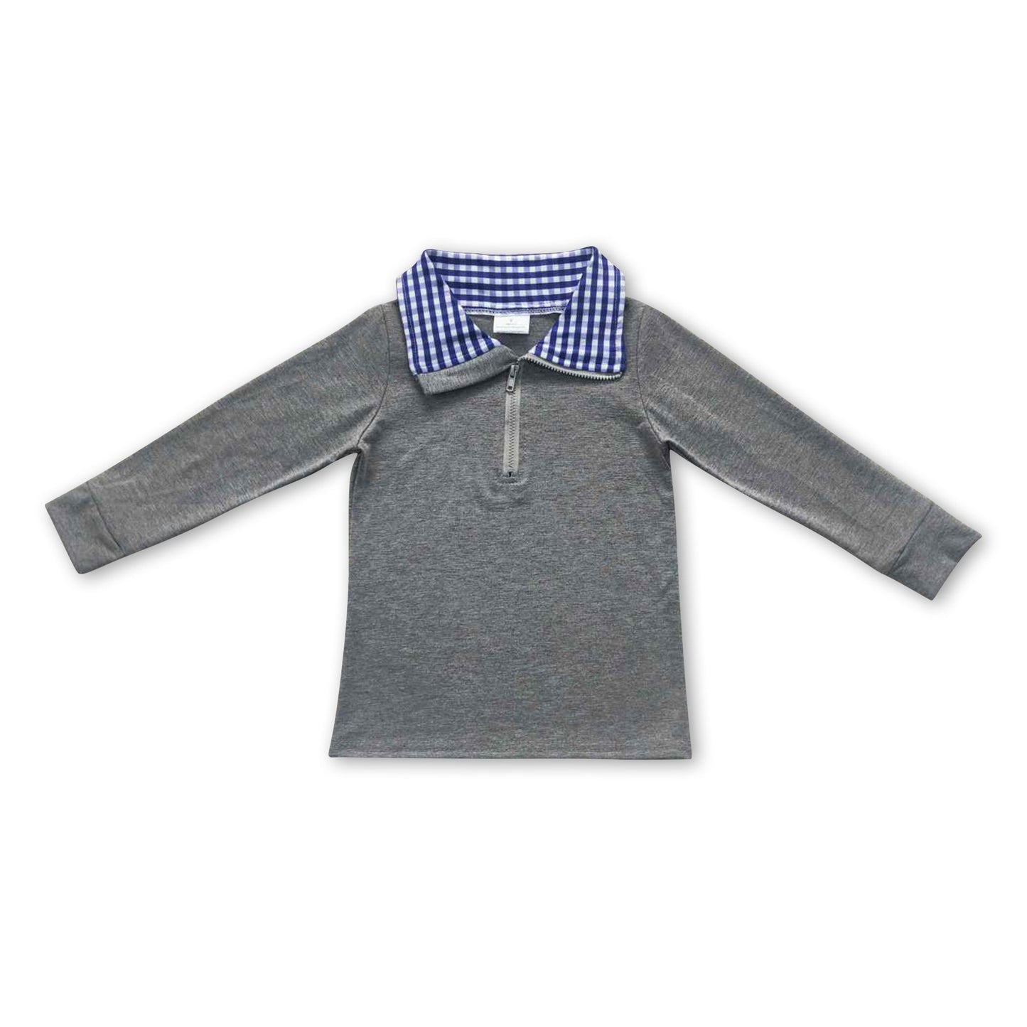 Grauer Baumwoll-Fleece-Jungenpullover mit Reißverschluss und blauem Karomuster