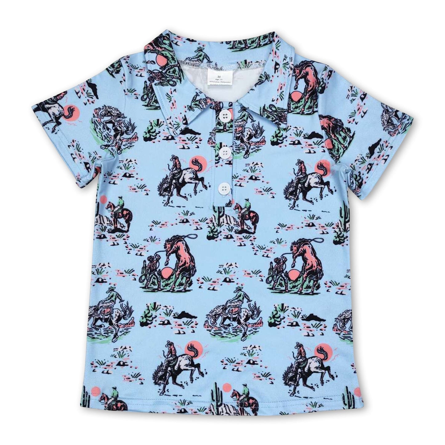 Blaues kurzärmeliges Poloshirt für Jungen mit Kaktus- und Pferde-Rodeo-Motiv