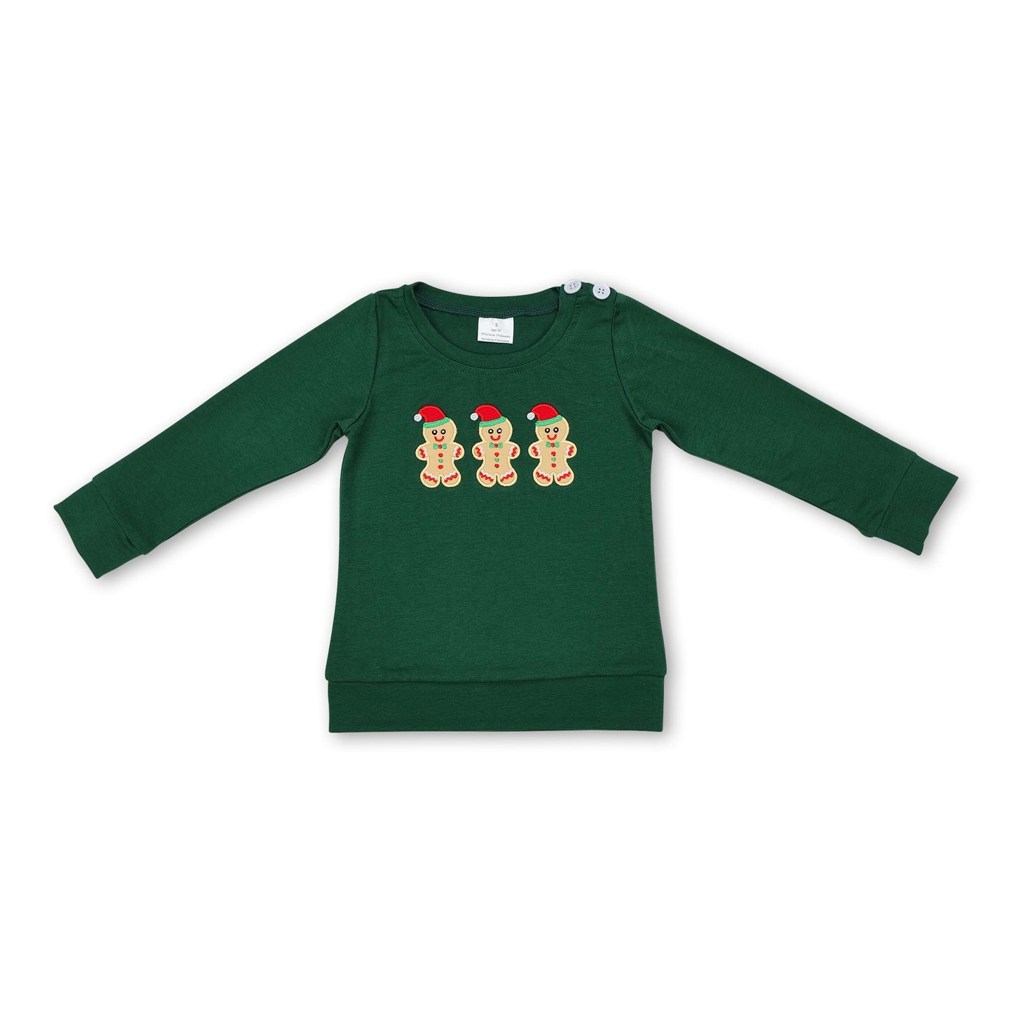 Dunkelgrünes Langarm-Weihnachtsshirt mit Lebkuchen-Kindern