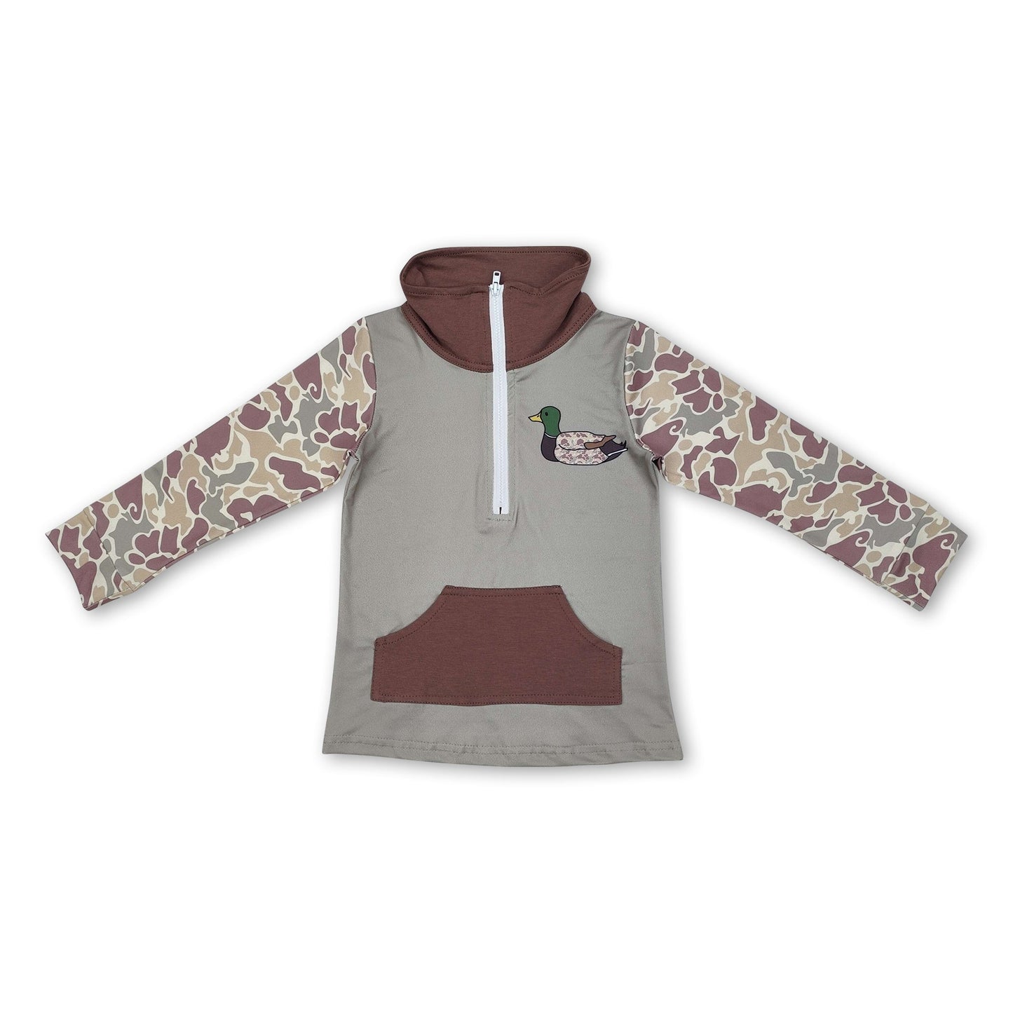 Grüner Camouflage-Enten-Taschen-Baby-Jungen-Reißverschlusspullover
