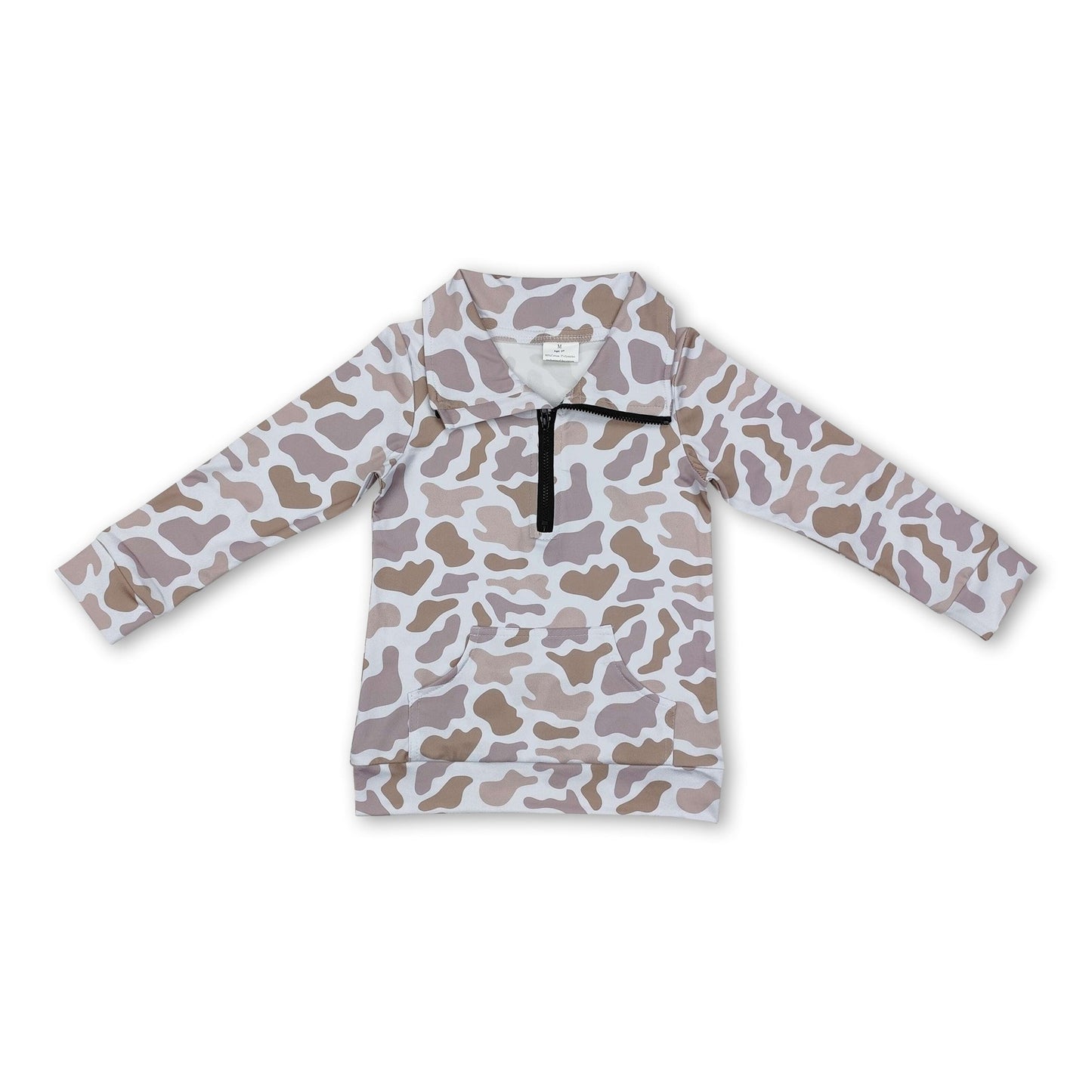 Langärmeliger hellgrauer Camouflage-Kinderreißverschluss-Pullover mit Tasche