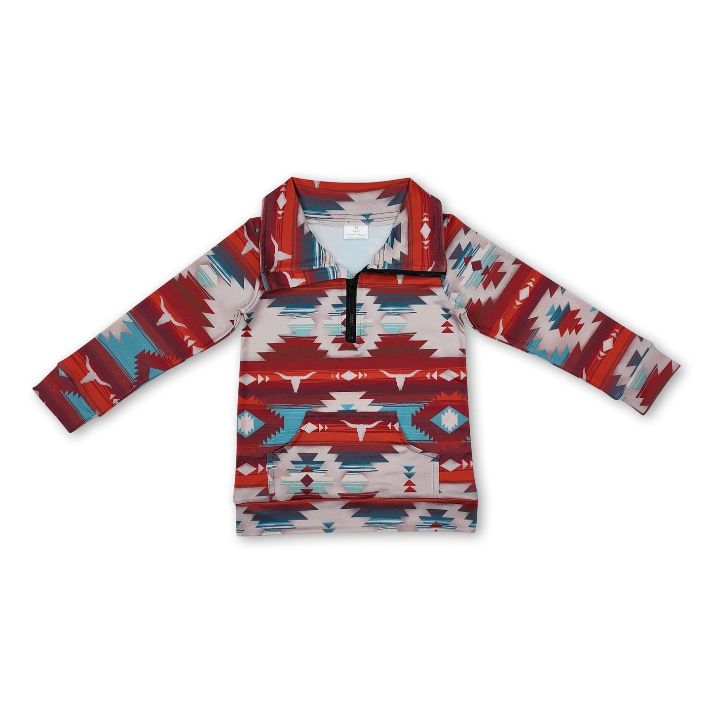 Brauner Türkis Azteken-Bullenkopf Western-Reißverschluss-Pullover für Kinder
