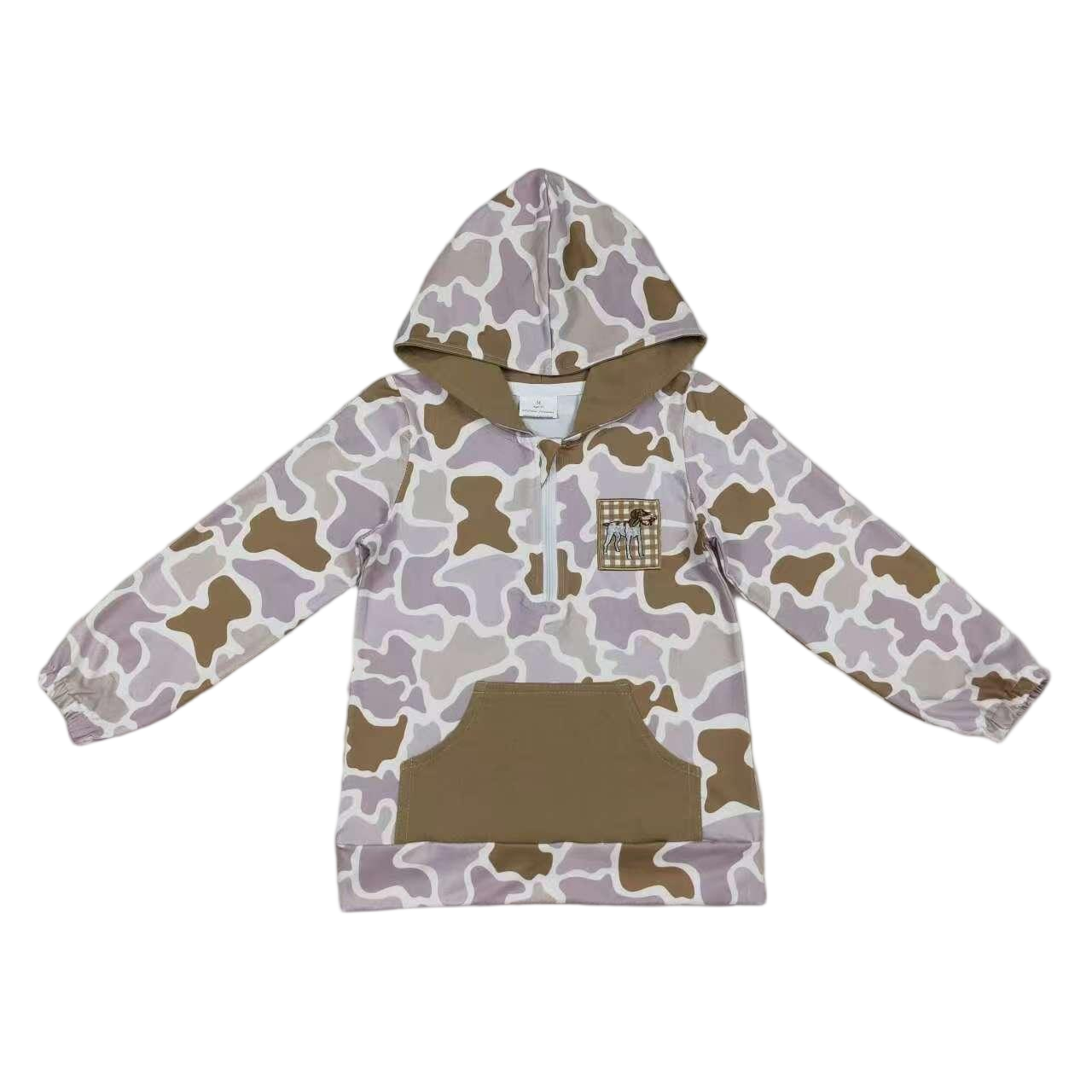 Langarm-Taschen-Camouflage-Karo-Hund-Kinder-Jungen-Reißverschluss-Kapuzenpullover