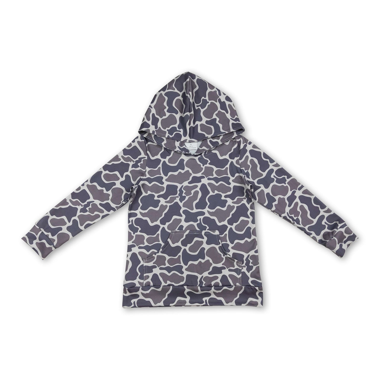 Langärmeliger dunkelgrauer Camo-Kapuzenpullover für Kinder und Jungen mit Tasche