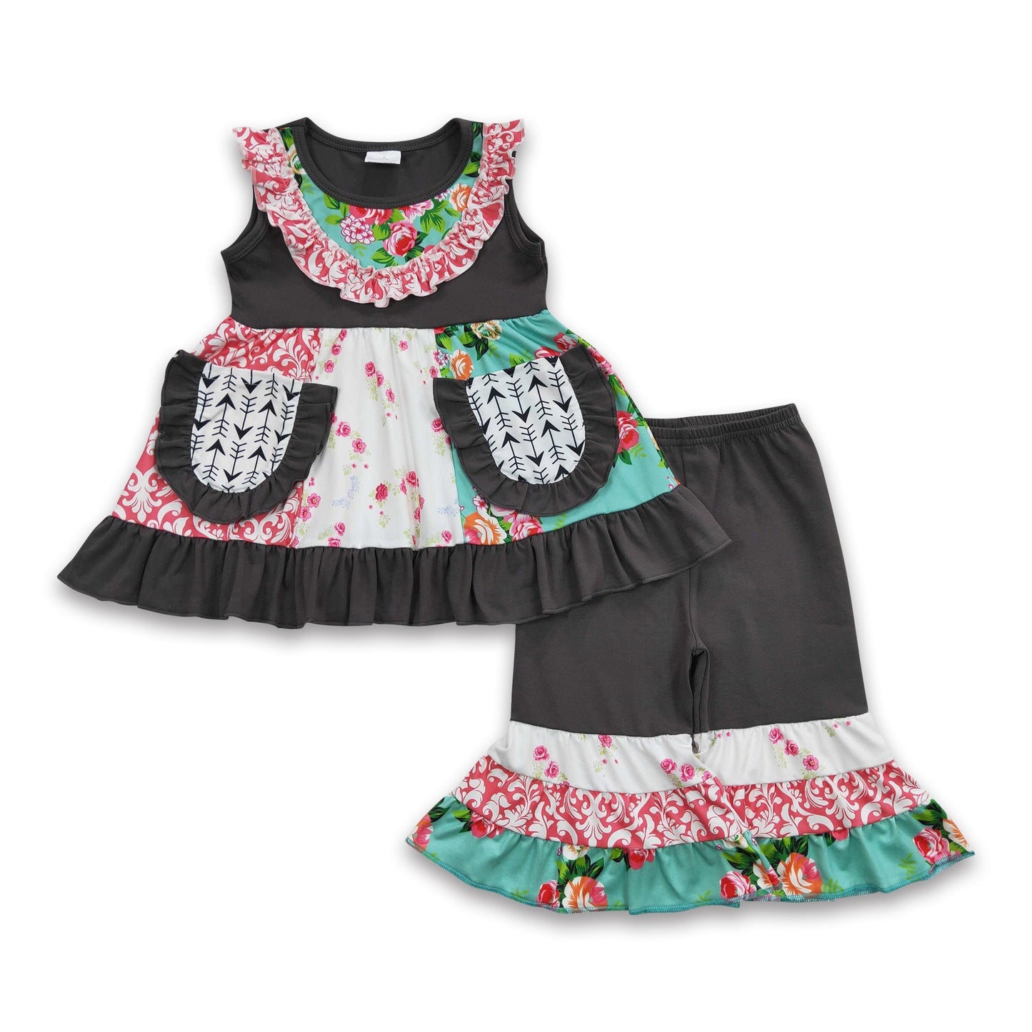 Blumen-Patchwork-Tunika graue Caprihose Mädchen-Bekleidungsset
