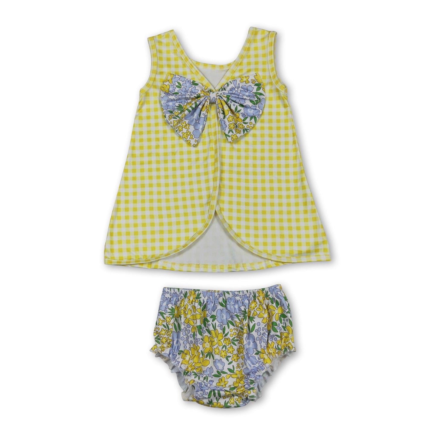 Ärmelloses gelbes kariertes Oberteil Blumen-Bummies-Set für Baby-Mädchen
