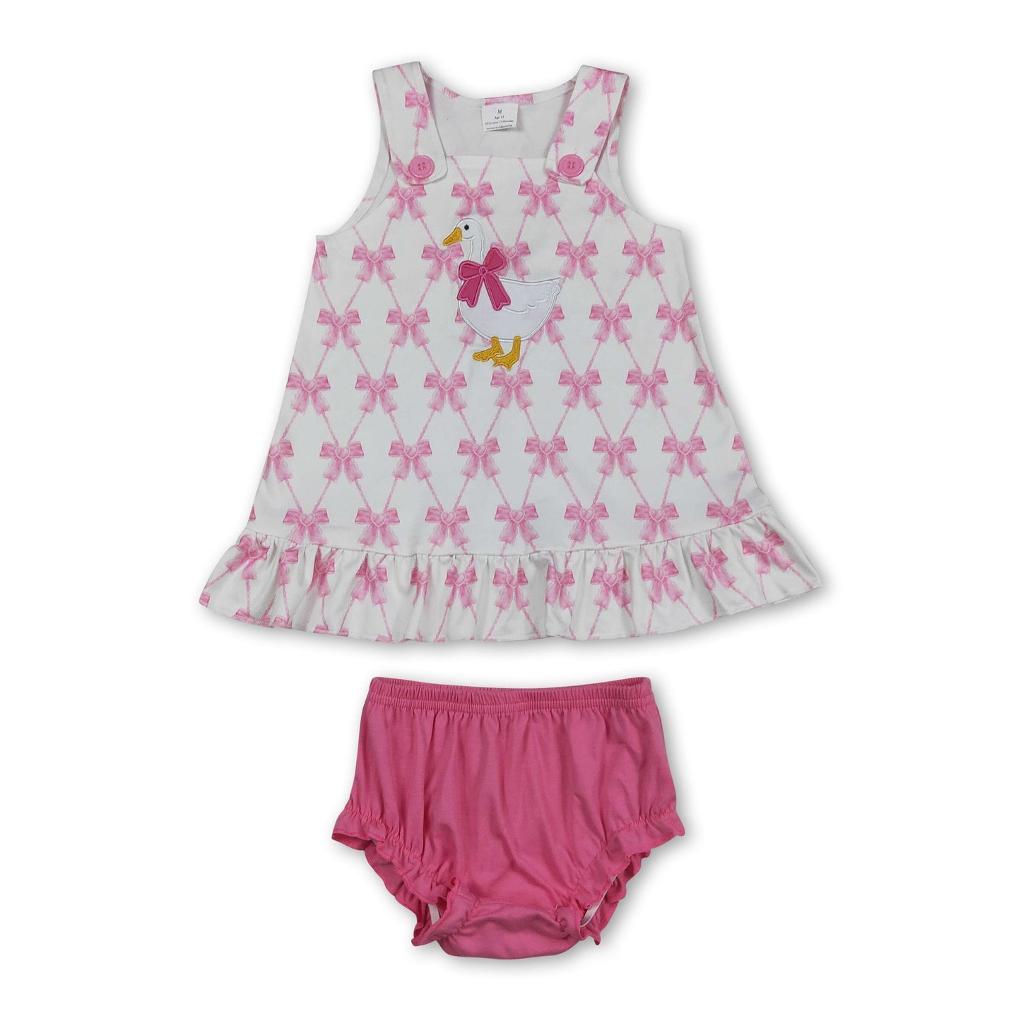 Ärmelloses rosa Schleifen-Gänse-Stickerei Baby Mädchen Bummies Set