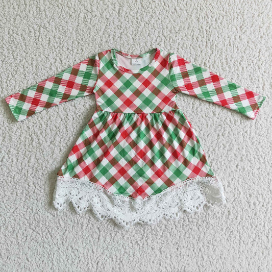 Grün-rot karierte Spitzenkleider für kleine Mädchen zu Weihnachten