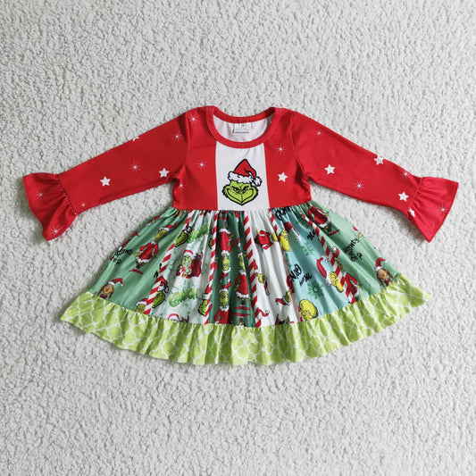 Grünes Langarm-Panel-Twirl-Babykleid für Mädchen zu Weihnachten