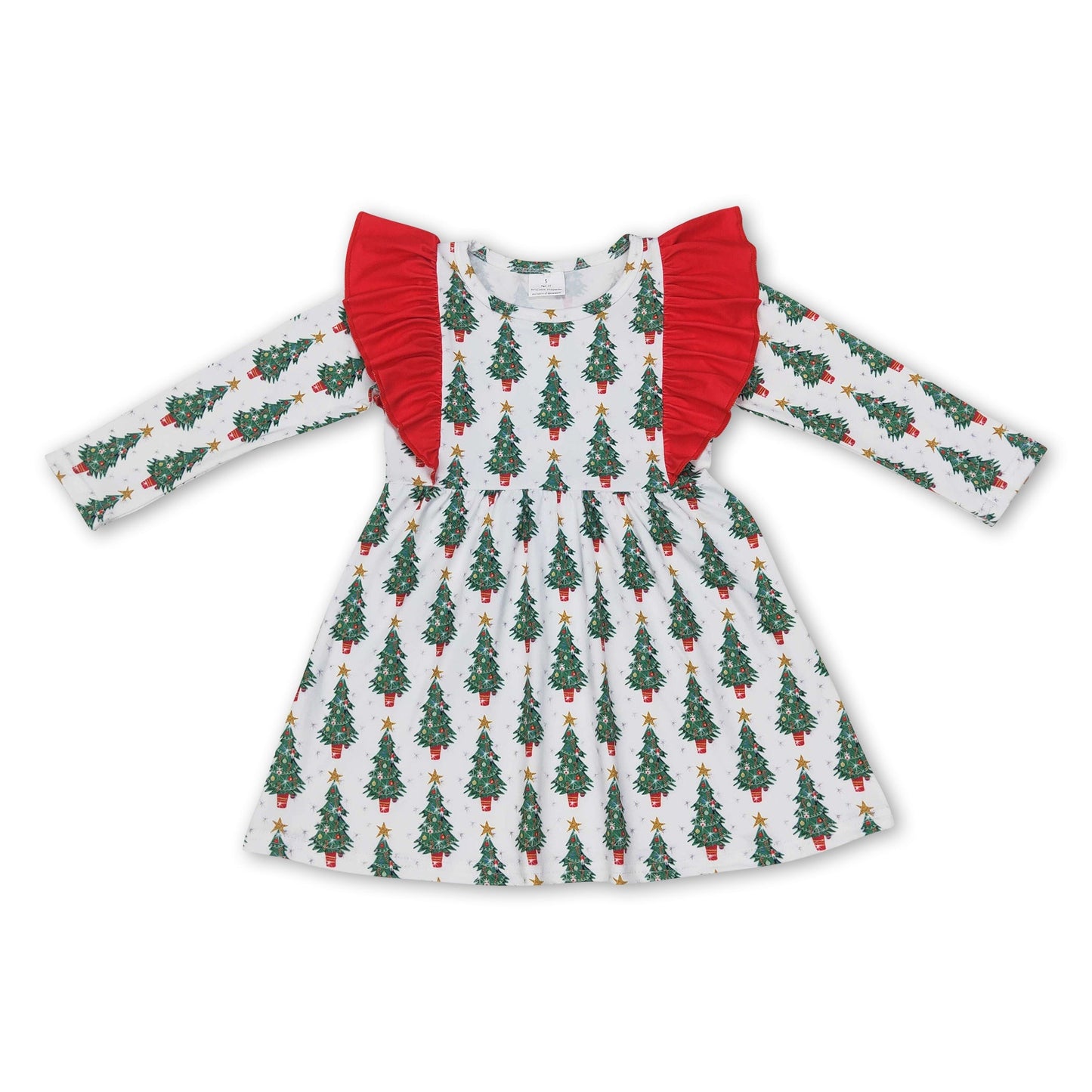Rotes mädchenhaftes Kleid mit flatternden langen Ärmeln und Weihnachtsbaum-Motiv