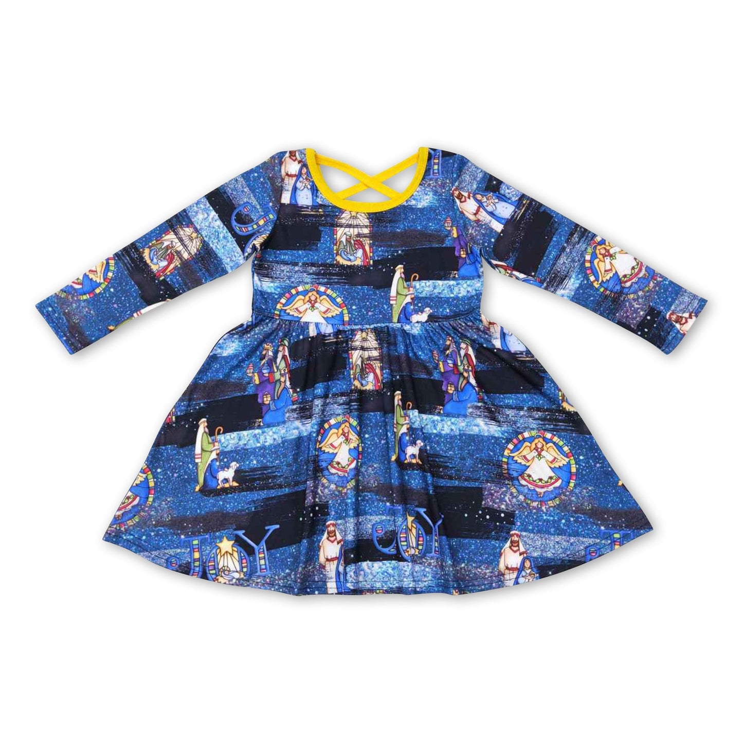 Langärmelige blaue Weihnachtskleider für Mädchen mit Krippenmotiv