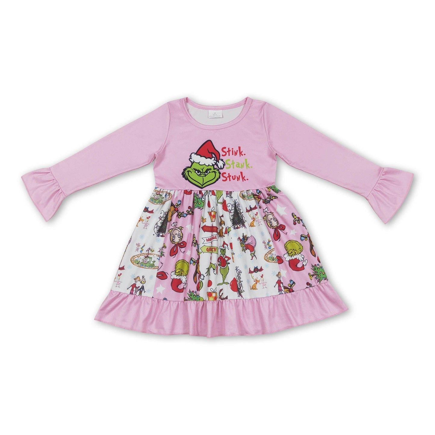 Rosa-grünes Patchwork-Rüschen-Weihnachtskleid für Mädchen