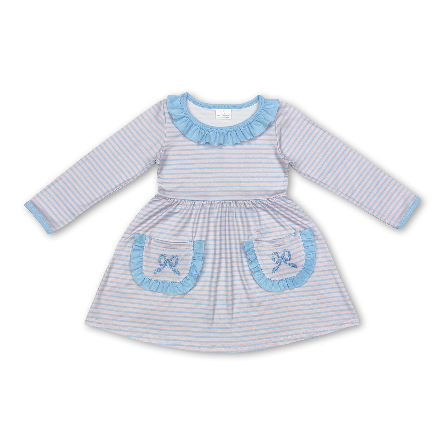 Hellblaue Schleifentaschen rosa gestreifte Babykleider