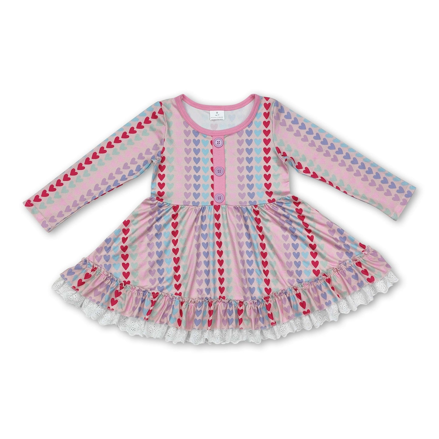 Langärmeliges, farbenfrohes Herzrüschen-Kleid für Baby-Mädchen zum Valentinstag