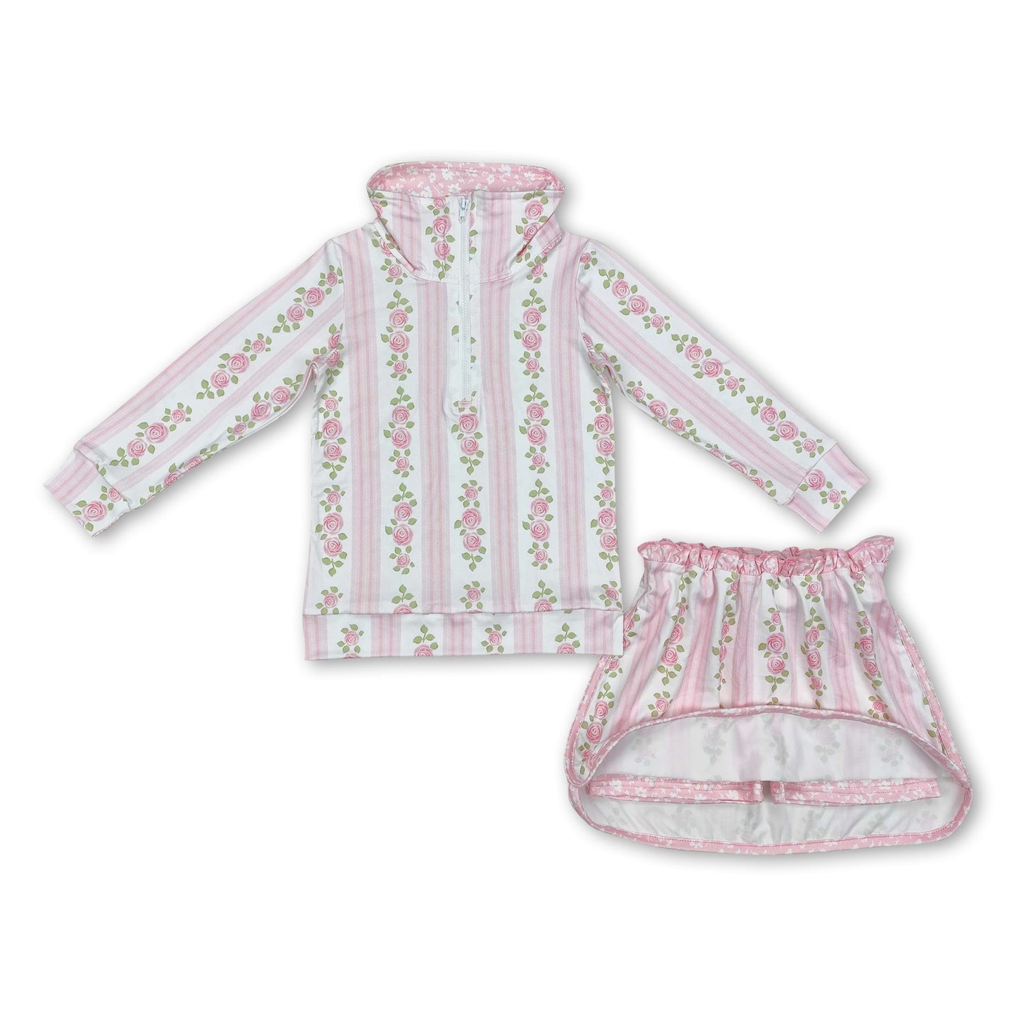 Pink gestreifter Blumenpullover Rock Kinder Mädchen Bekleidungsset