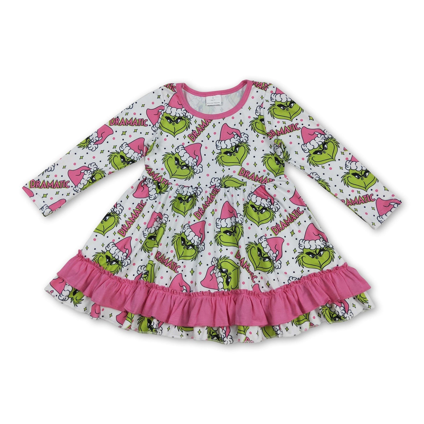 Langärmelige Rüschenkleider in Rosa, Weihnachtsmützen, grüne Gesichter, Mädchenkleider