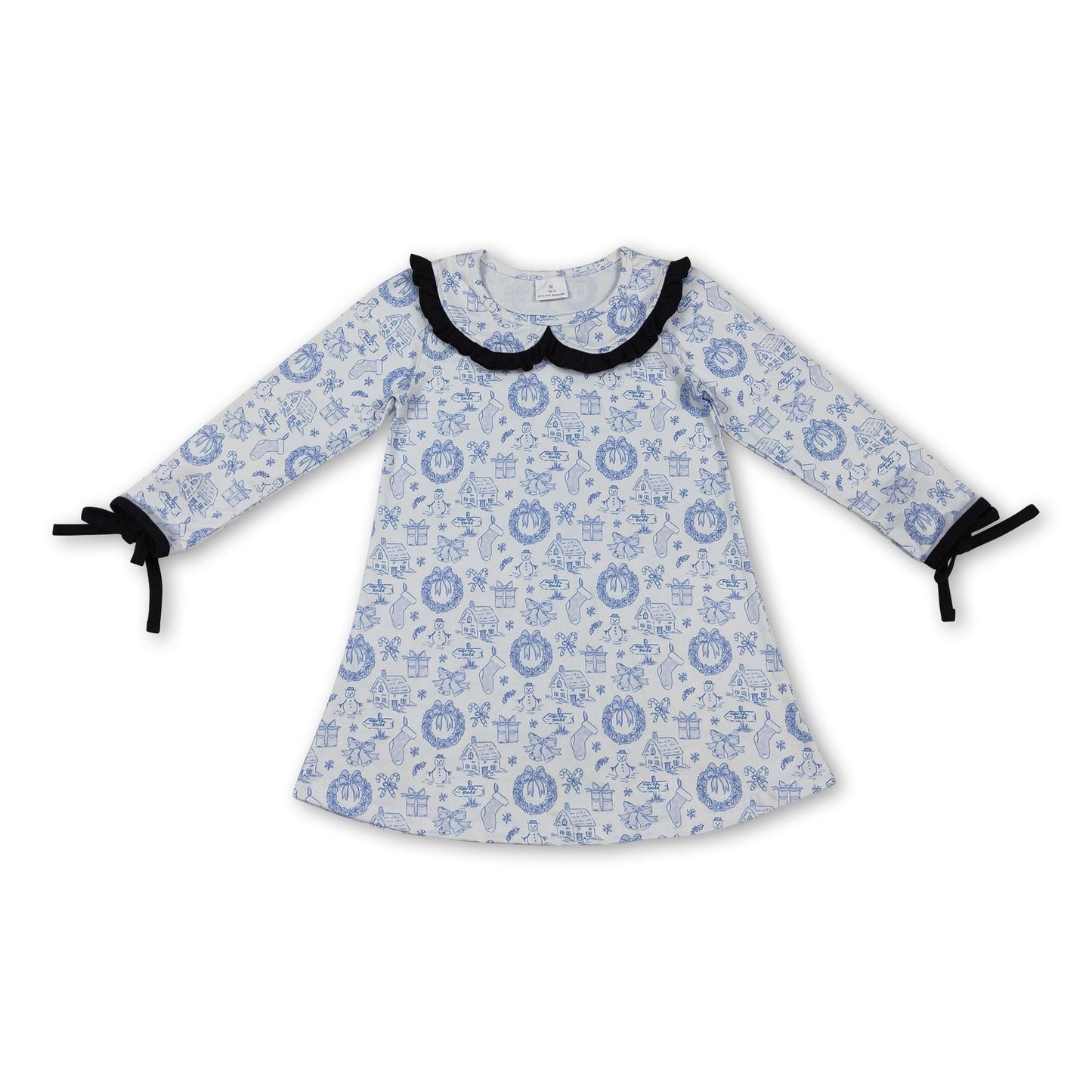 blue Christmas house kids girls long sleeve dresses